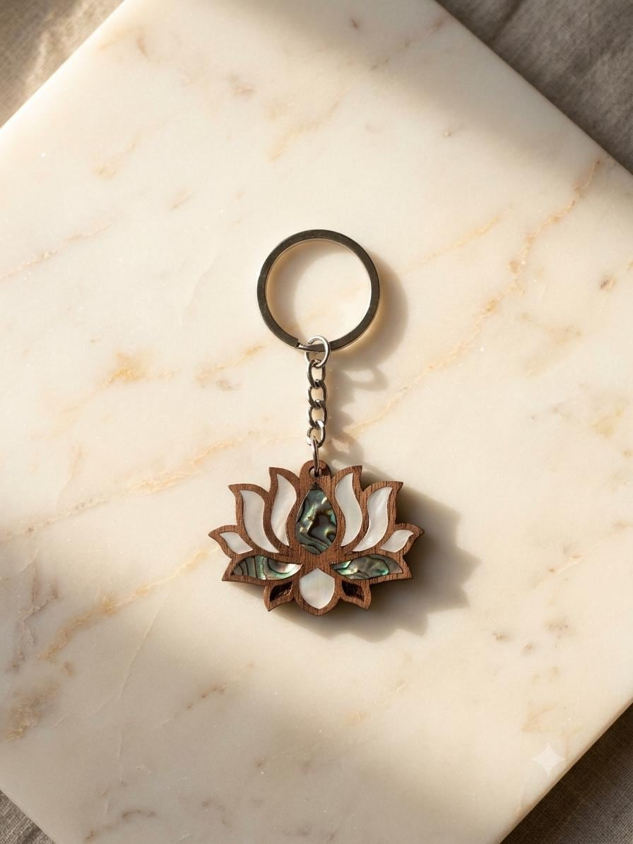 Mother of Pearl Lotus Keychain - Walnut Wood Abalone Shell Inlay, Syrian Handmade Craft