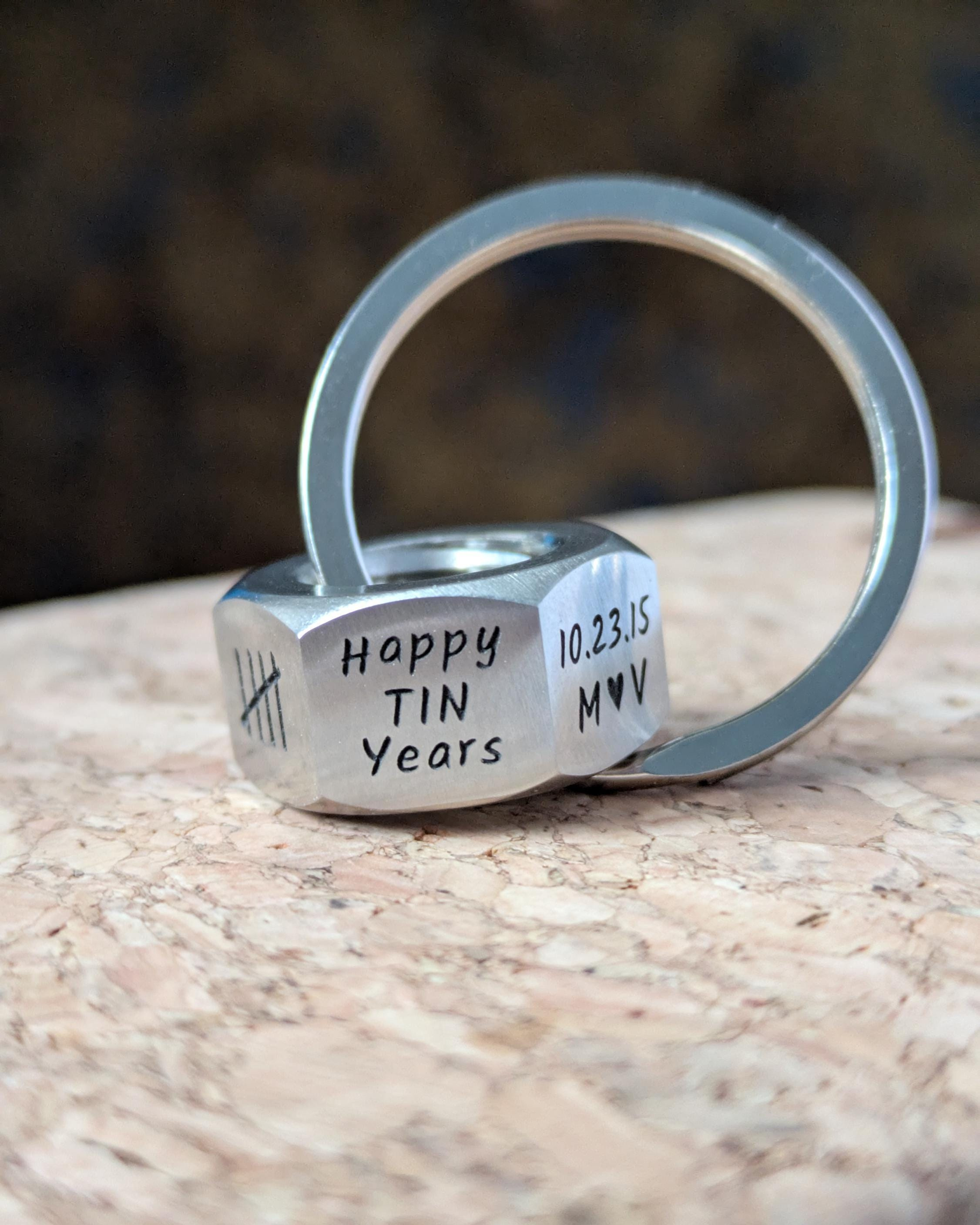 Engraved Metal Hex Nut Keychain - 10th Anniversary Tin Gift for Couples