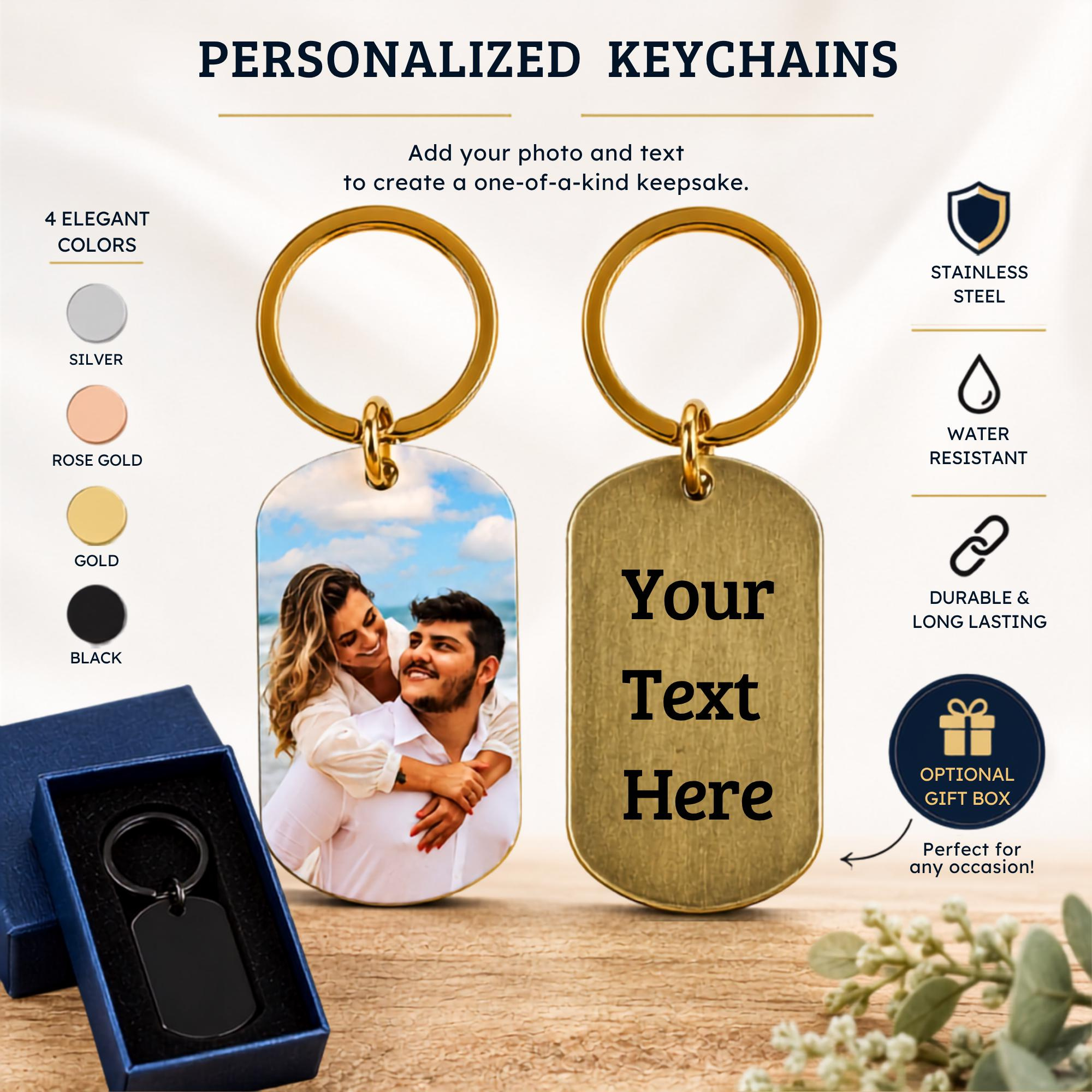 Personalized Photo Keychain with Engraved Text, Stainless Steel Picture Gift for Couples and Family