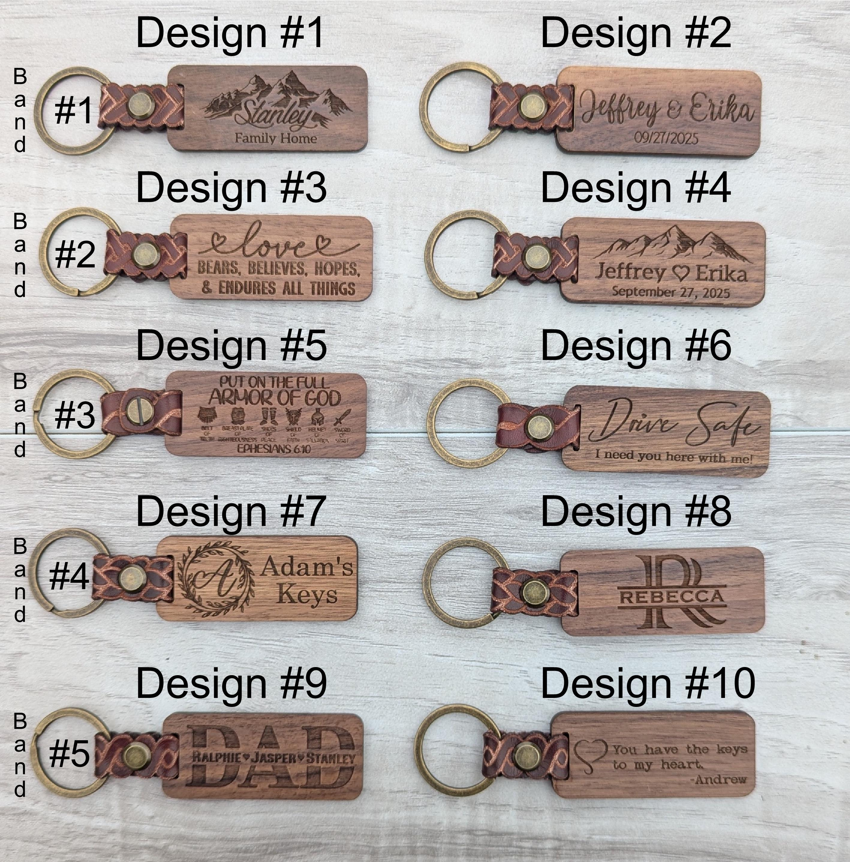 Laser Engraved Walnut Keychain (10 Designs) with Leather Band (5 Patterns) - Custom Personalized Gift 1 - MeasureMason Laser Engraved Walnut Keychain (10 Designs) with Leather Band (5 Patterns) - Custom Personalized Gift 1