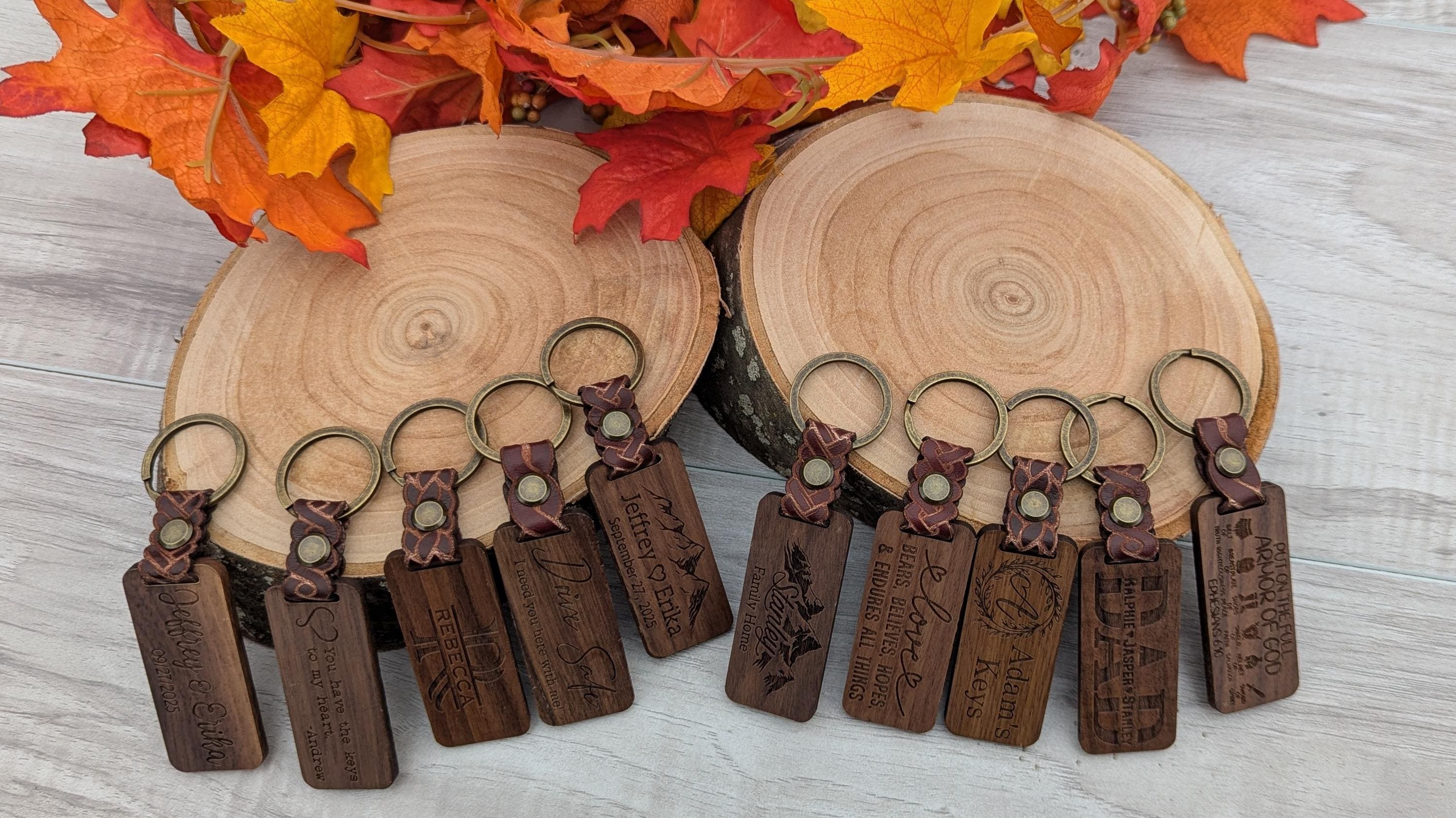 Laser Engraved Walnut Keychain (10 Designs) with Leather Band (5 Patterns) - Custom Personalized Gift 3 - MeasureMason Laser Engraved Walnut Keychain (10 Designs) with Leather Band (5 Patterns) - Custom Personalized Gift 3