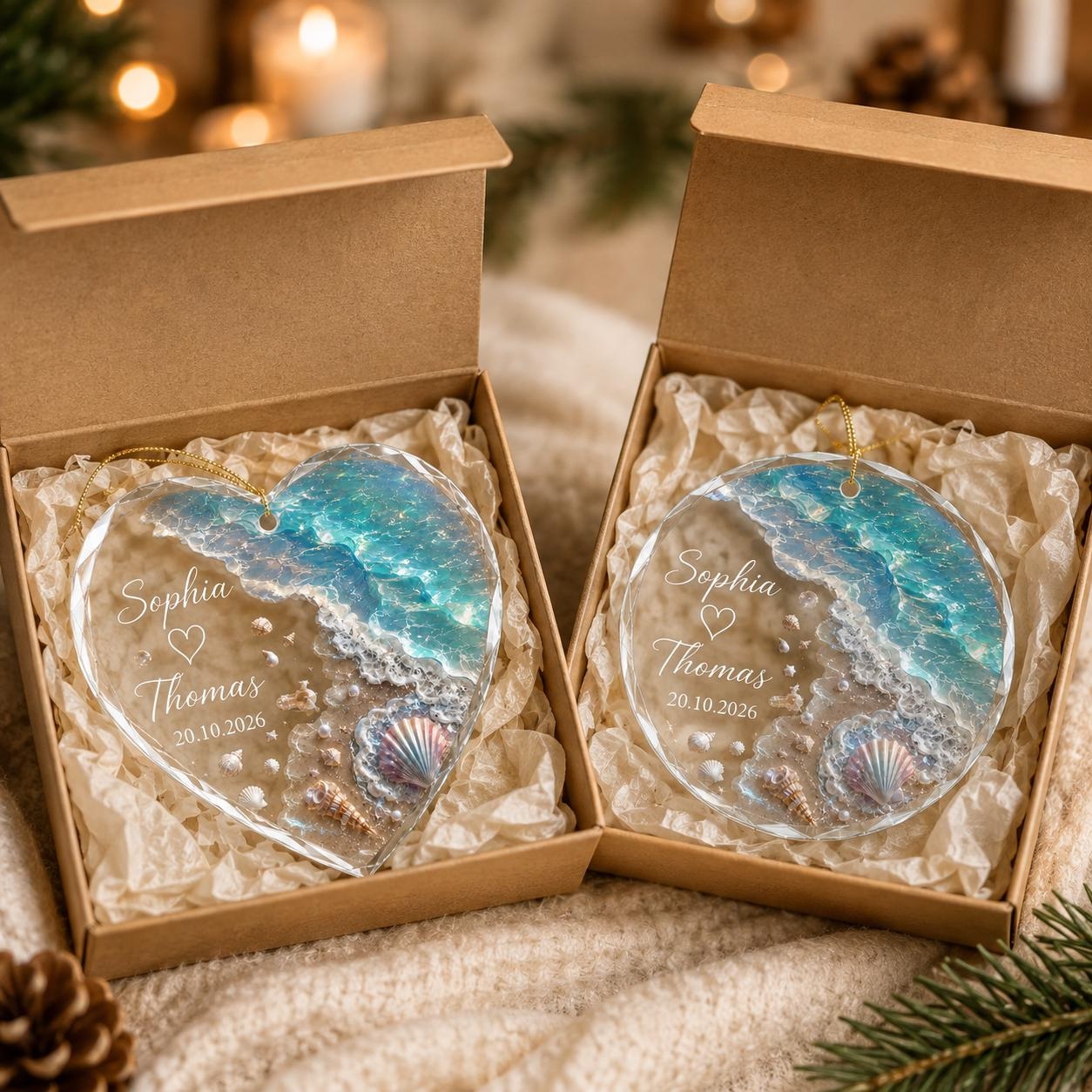 Personalized Beach Glass Christmas Ornament - Couple Name Heart Ocean Wave Coastal Keepsake Gift Personalized Beach Glass Christmas Ornament - Couple Name Heart Ocean Wave Coastal Keepsake Gift