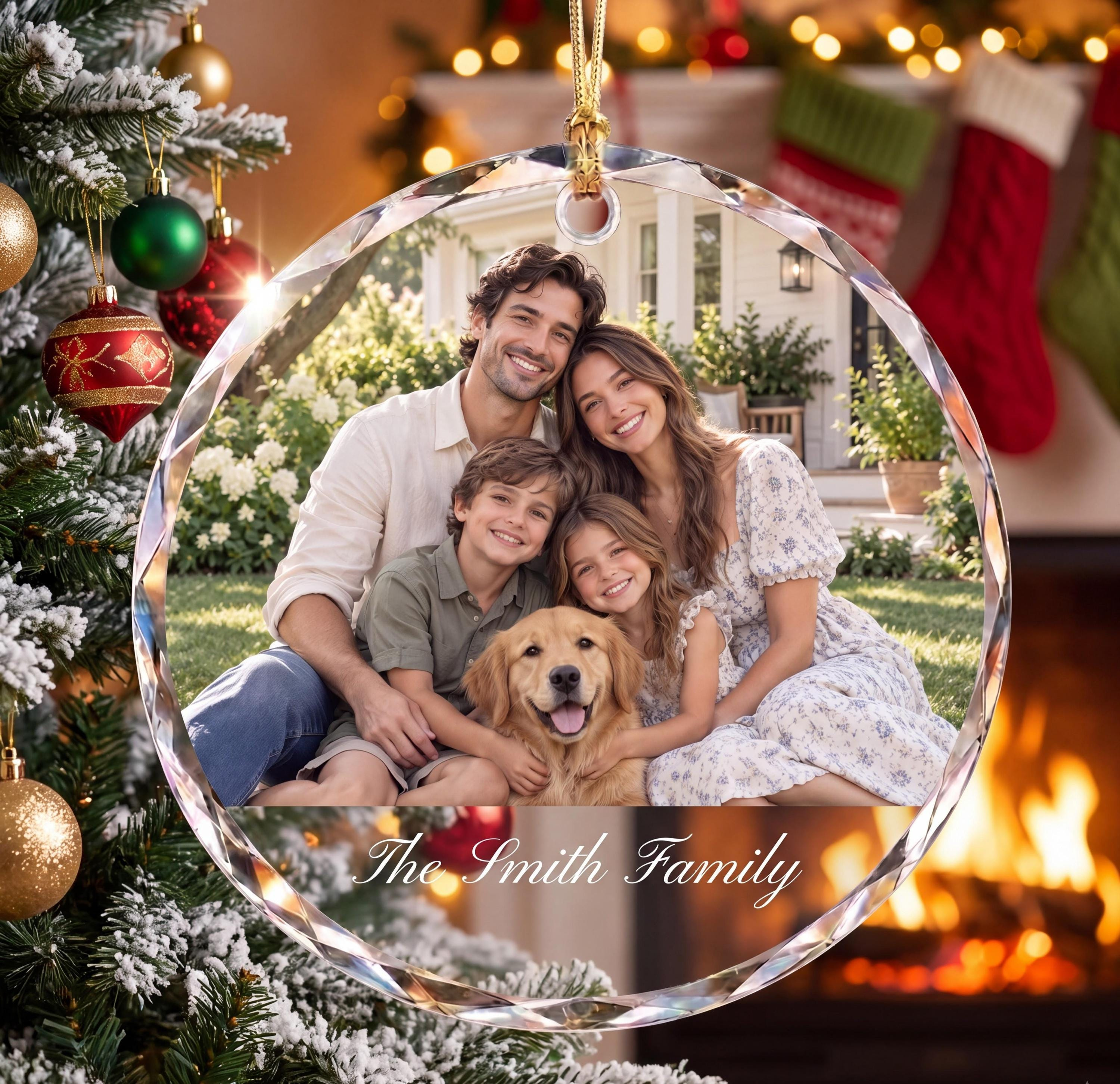 Personalized Photo Glass Christmas Ornament, Custom Names & Engagement Date, Botanical Wreath Keepsake 3 - MeasureMason Personalized Photo Glass Christmas Ornament, Custom Names & Engagement Date, Botanical Wreath Keepsake 3