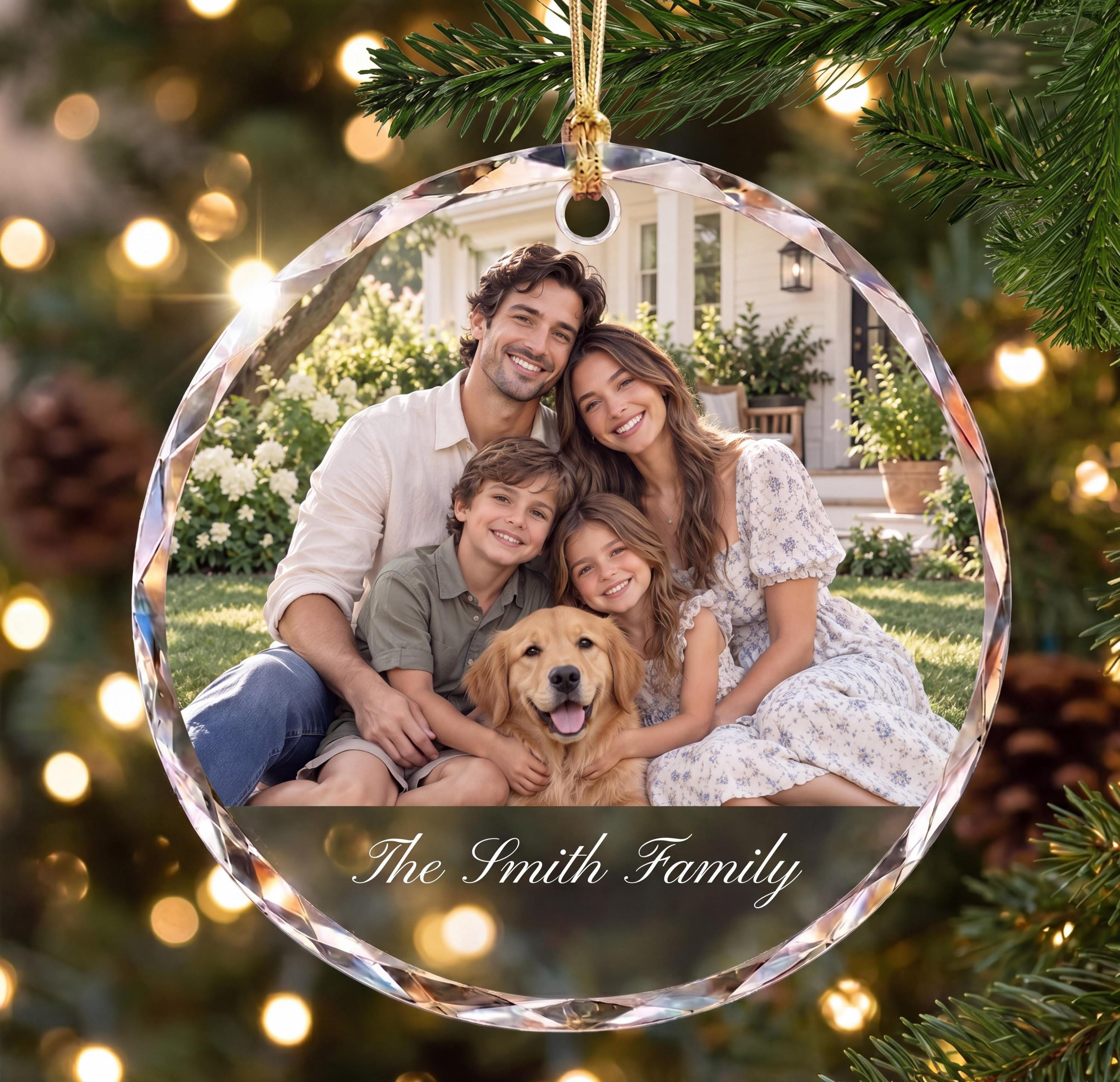 Personalized Photo Glass Christmas Ornament, Custom Names & Engagement Date, Botanical Wreath Keepsake