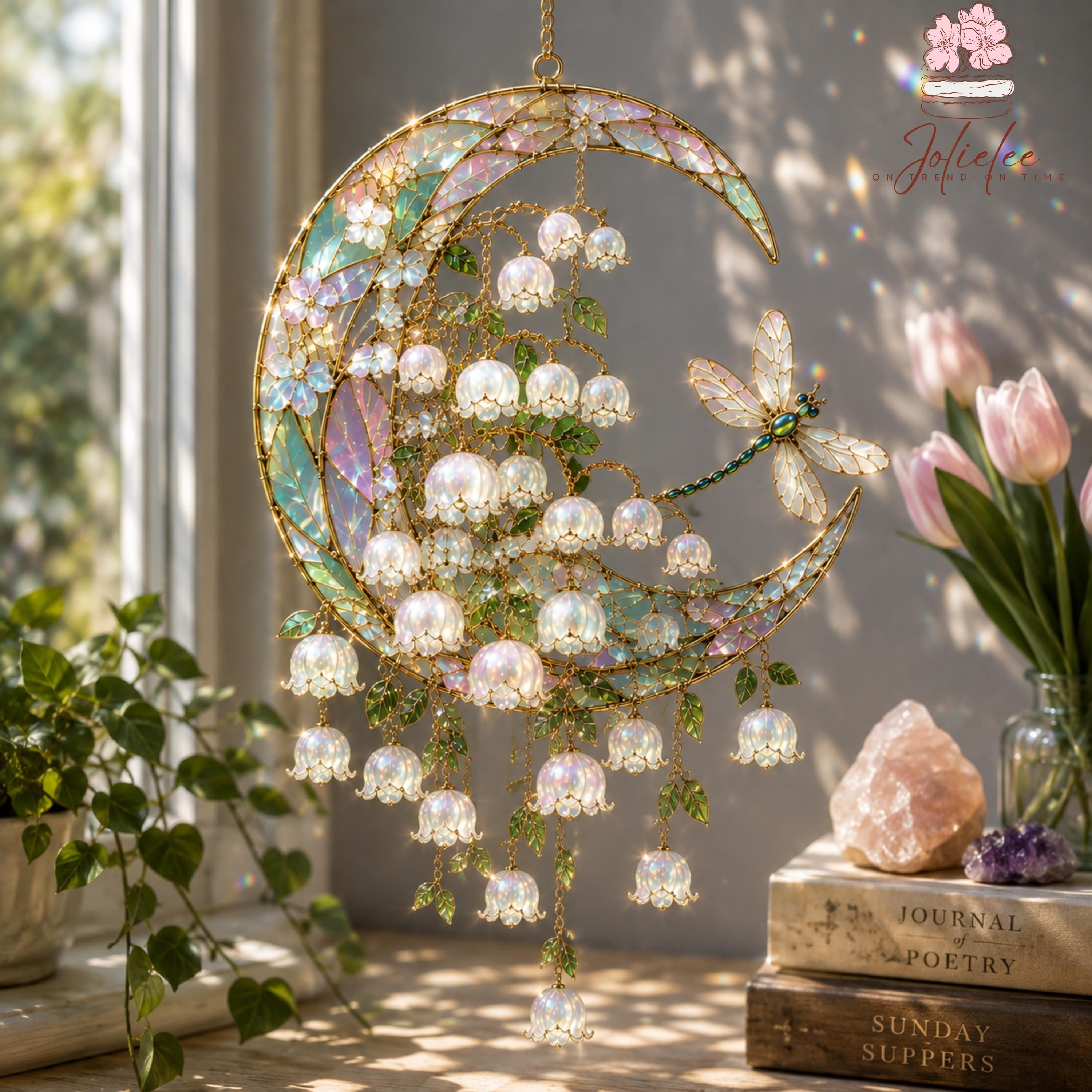 Lily of the Valley Moon Suncatcher, Dragonfly Stained Glass Window Hanging, May Birth Flower Gift, Cottagecore Decor Lily of the Valley Moon Suncatcher, Dragonfly Stained Glass Window Hanging, May Birth Flower Gift, Cottagecore Decor