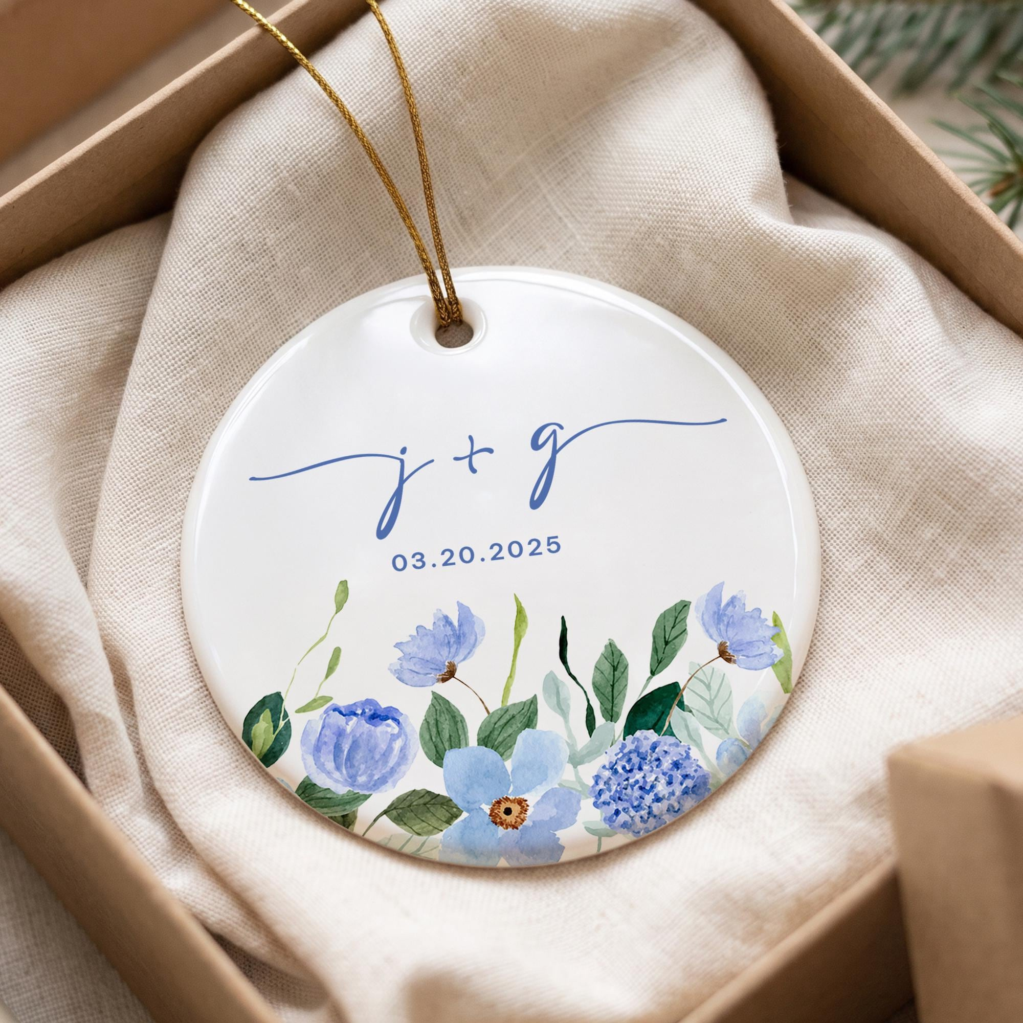 Custom Hydrangea Ceramic Ornament, Personalized Engagement Gift, Bride To Be Initials Keepsake