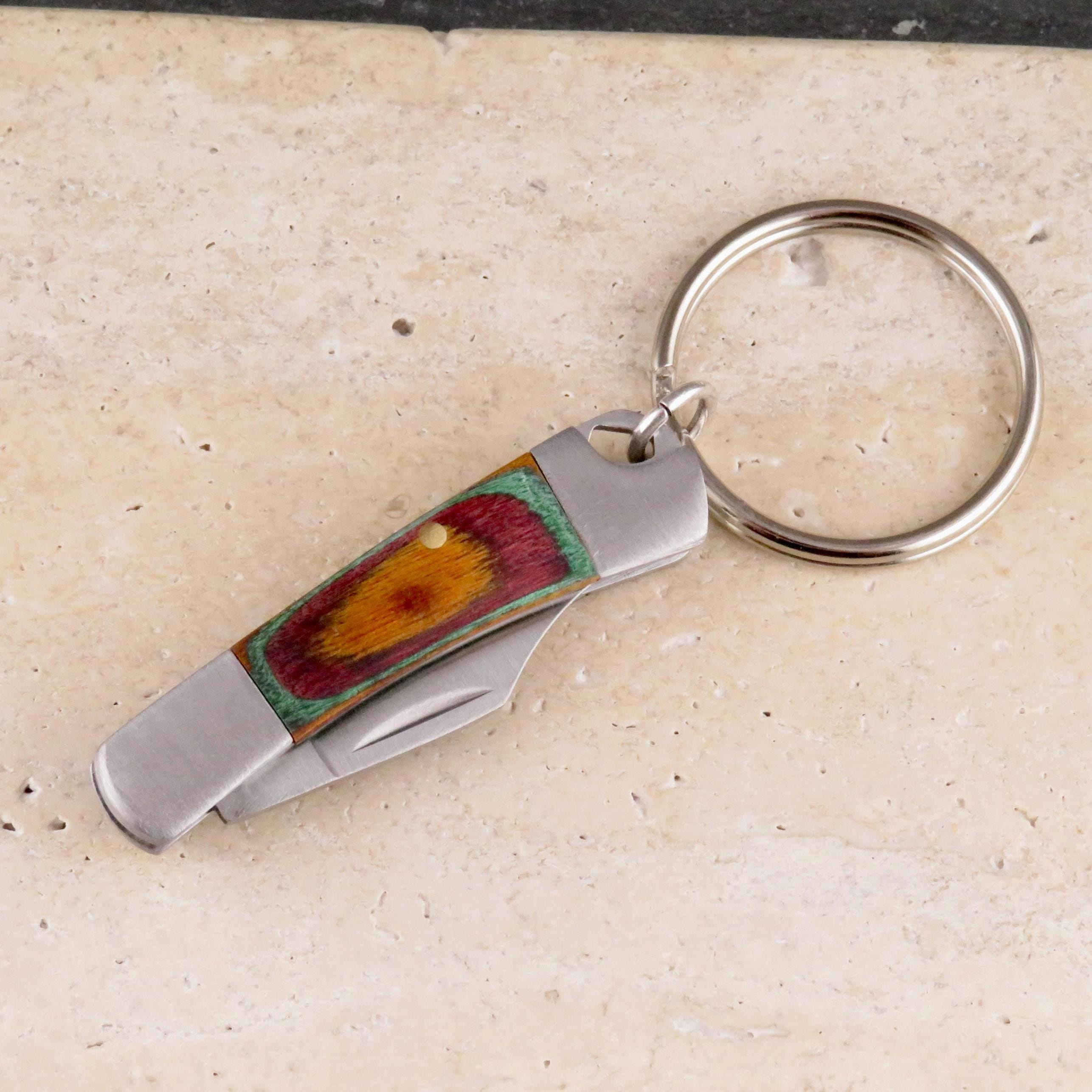 Rainbow Wood Knife Keychain - Mini Pocket Knife Keyring - Stainless Steel Small Knife 4 - MeasureMason Rainbow Wood Knife Keychain - Mini Pocket Knife Keyring - Stainless Steel Small Knife 4