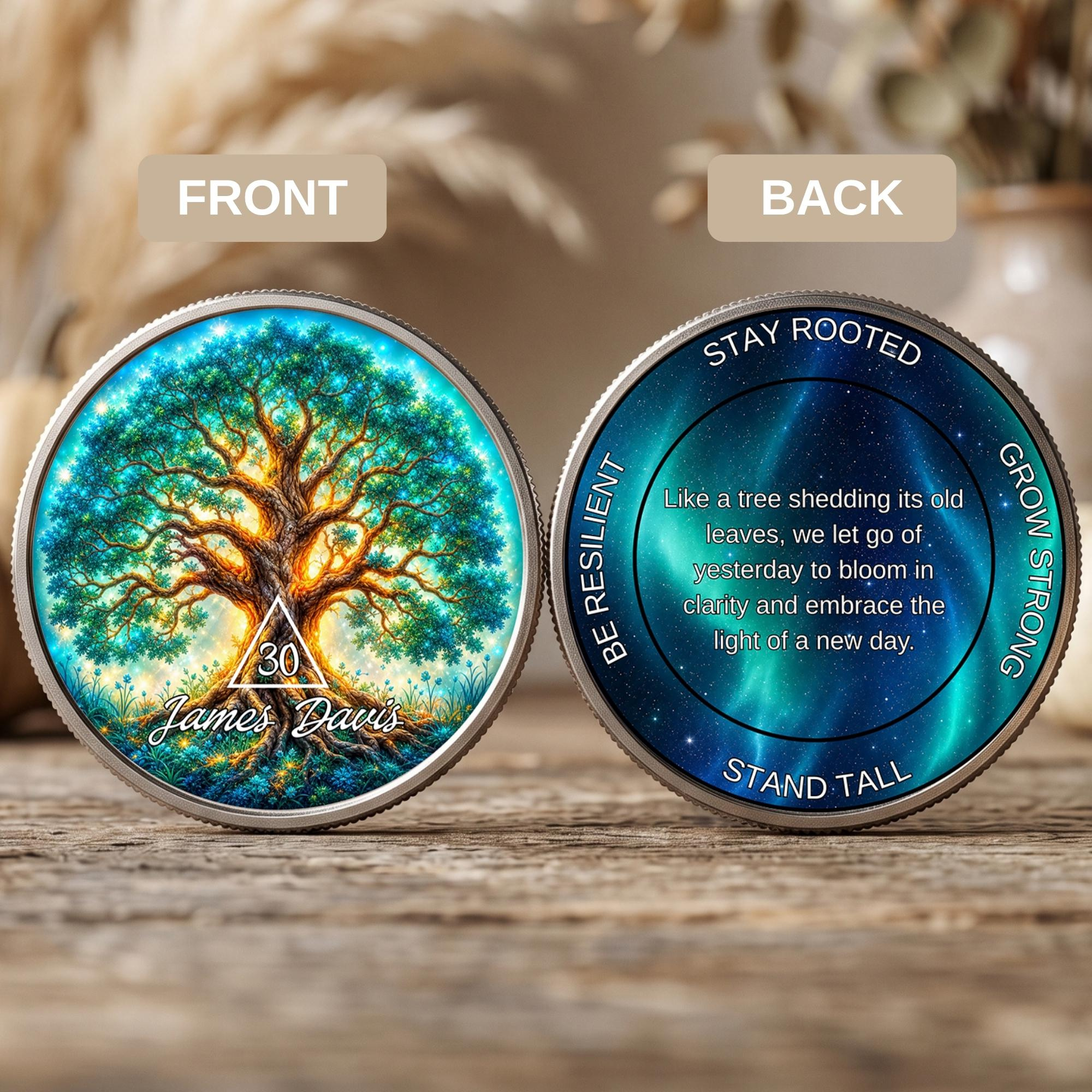 Tree of Life Sobriety Coin - Personalized 1-99 Years AA Recovery Medallion