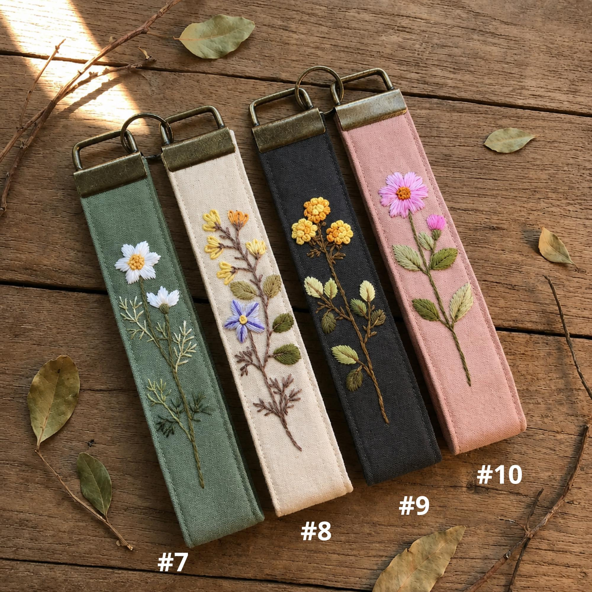 Personalized Embroidered Linen Keychain, Custom Name Wristlet Key Fob, Handmade Floral Bag Charm, Gift for Her 2 - MeasureMason Personalized Embroidered Linen Keychain, Custom Name Wristlet Key Fob, Handmade Floral Bag Charm, Gift for Her 2