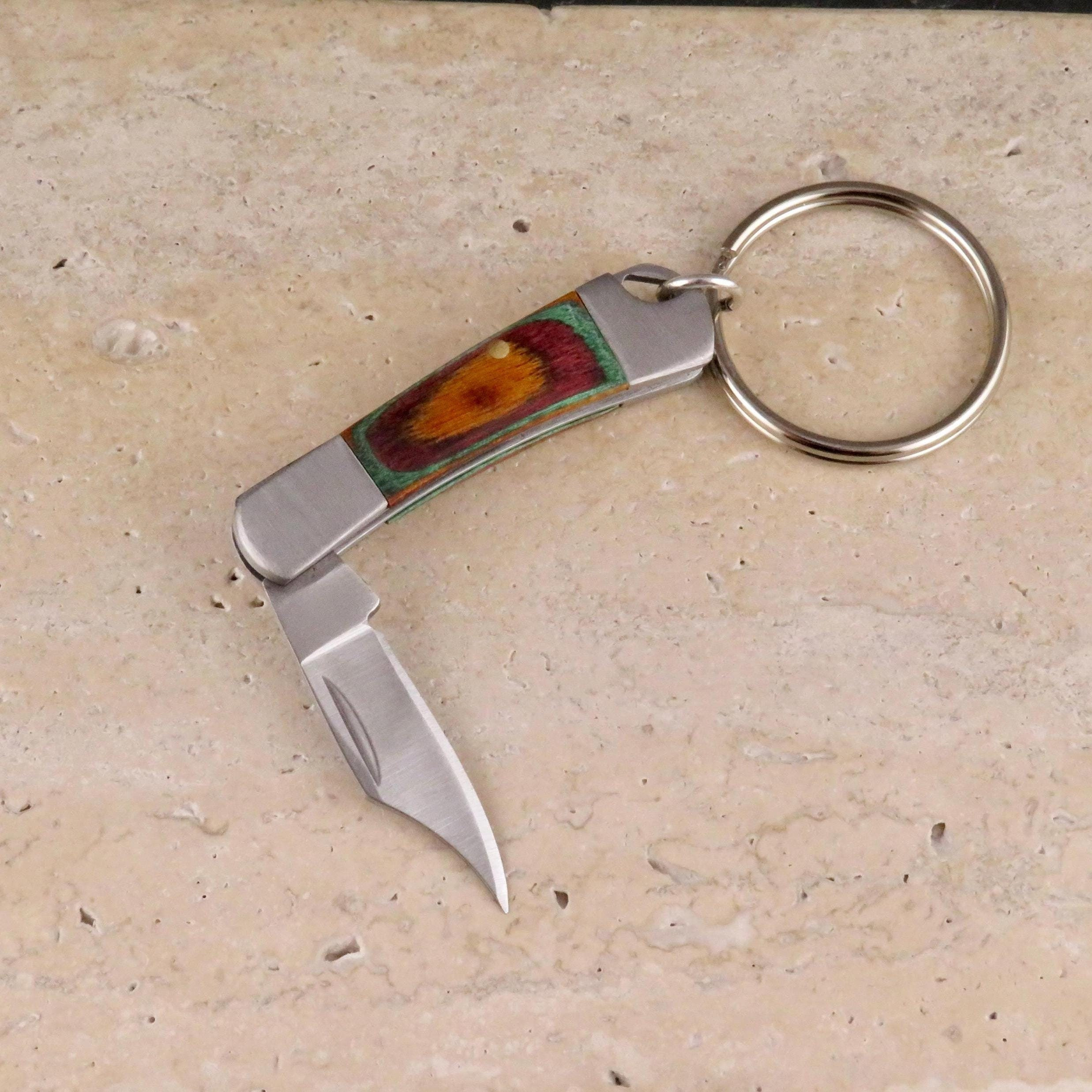 Rainbow Wood Knife Keychain - Mini Pocket Knife Keyring - Stainless Steel Small Knife Rainbow Wood Knife Keychain - Mini Pocket Knife Keyring - Stainless Steel Small Knife