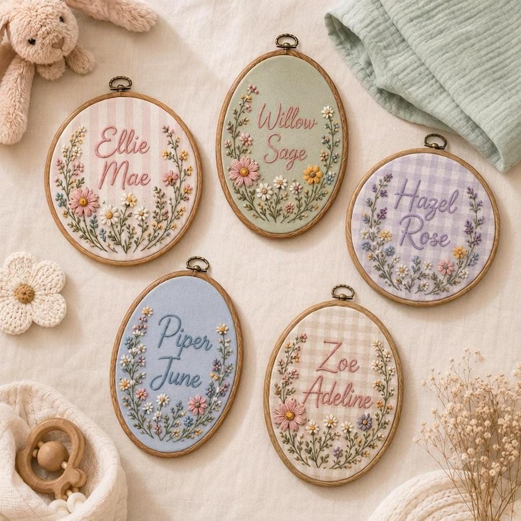 Personalized Floral Name Embroidery Hoop Ornament – Baby Girl Keepsake Christmas Decor 1 - MeasureMason Personalized Floral Name Embroidery Hoop Ornament – Baby Girl Keepsake Christmas Decor 1