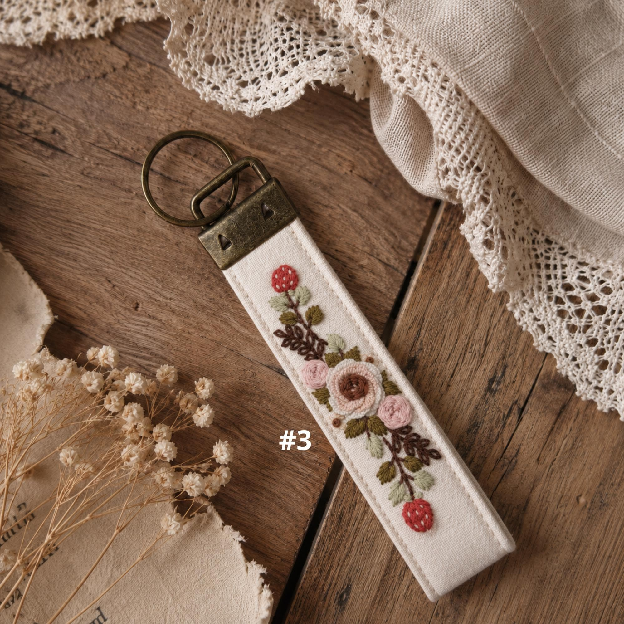 Personalized Embroidered Linen Keychain, Custom Name Wristlet Key Fob, Handmade Floral Bag Charm, Gift for Her 3 - MeasureMason Personalized Embroidered Linen Keychain, Custom Name Wristlet Key Fob, Handmade Floral Bag Charm, Gift for Her 3