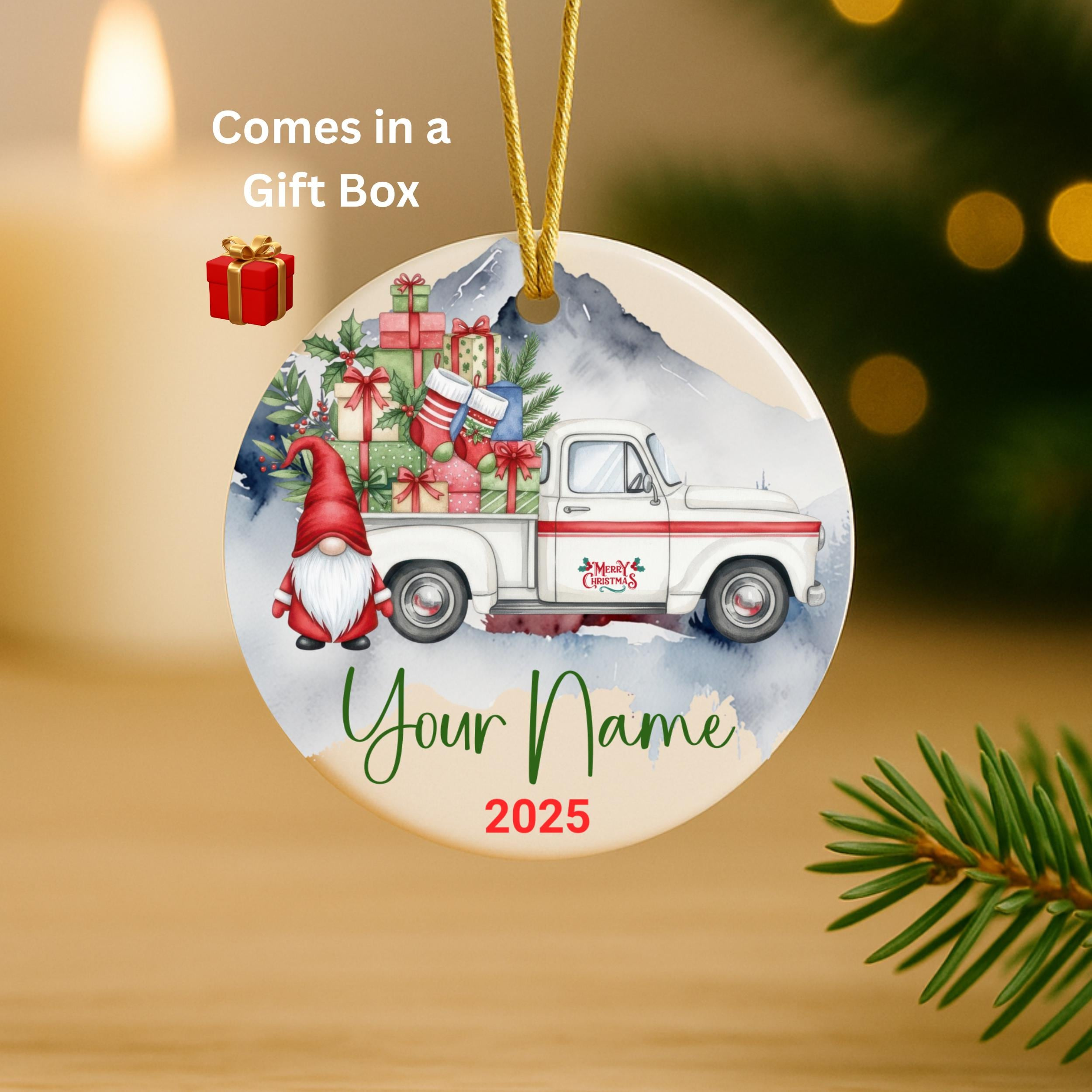Personalized Christmas Ornament 2025 – Red Truck Gnome Ceramic Ornament with Gift Box – Custom Name Holiday Keepsake Personalized Christmas Ornament 2025 – Red Truck Gnome Ceramic Ornament with Gift Box – Custom Name Holiday Keepsake