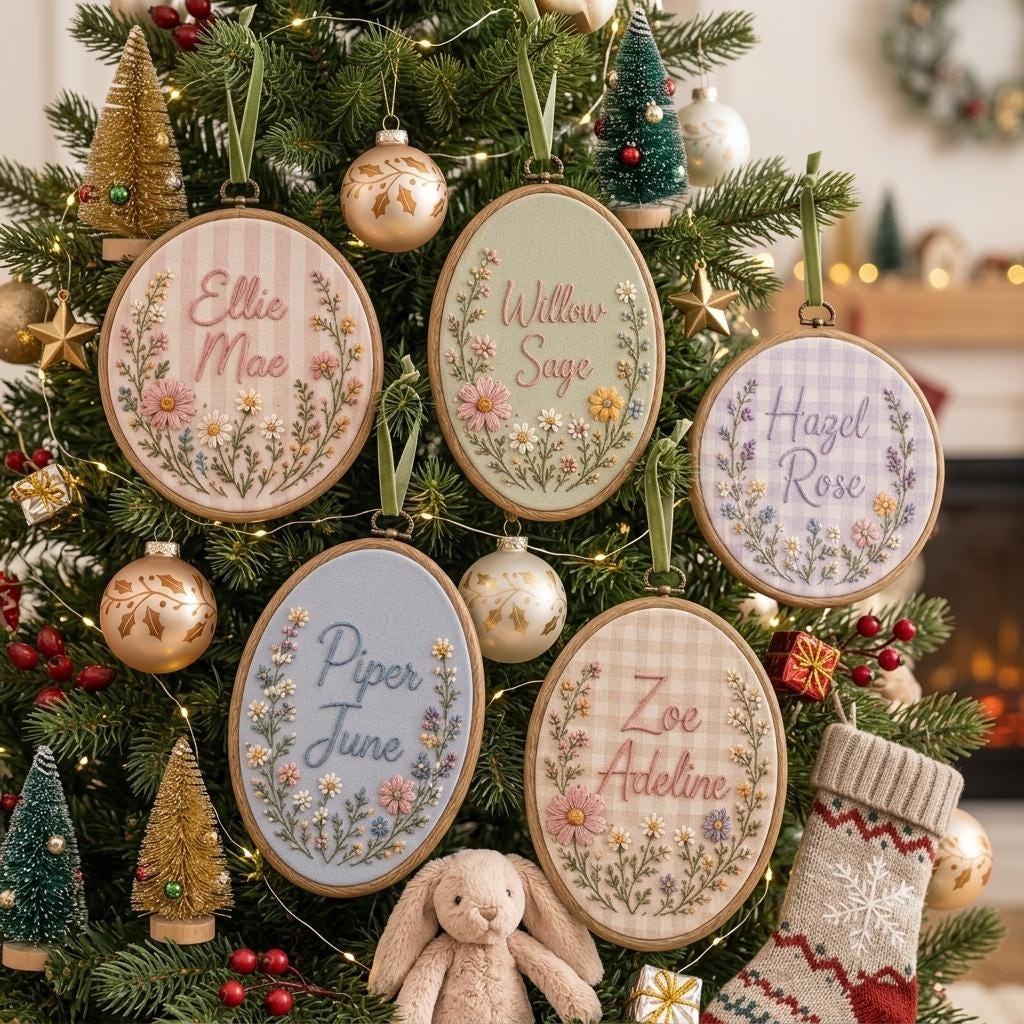 Personalized Floral Name Embroidery Hoop Ornament – Baby Girl Keepsake Christmas Decor 2 - MeasureMason Personalized Floral Name Embroidery Hoop Ornament – Baby Girl Keepsake Christmas Decor 2