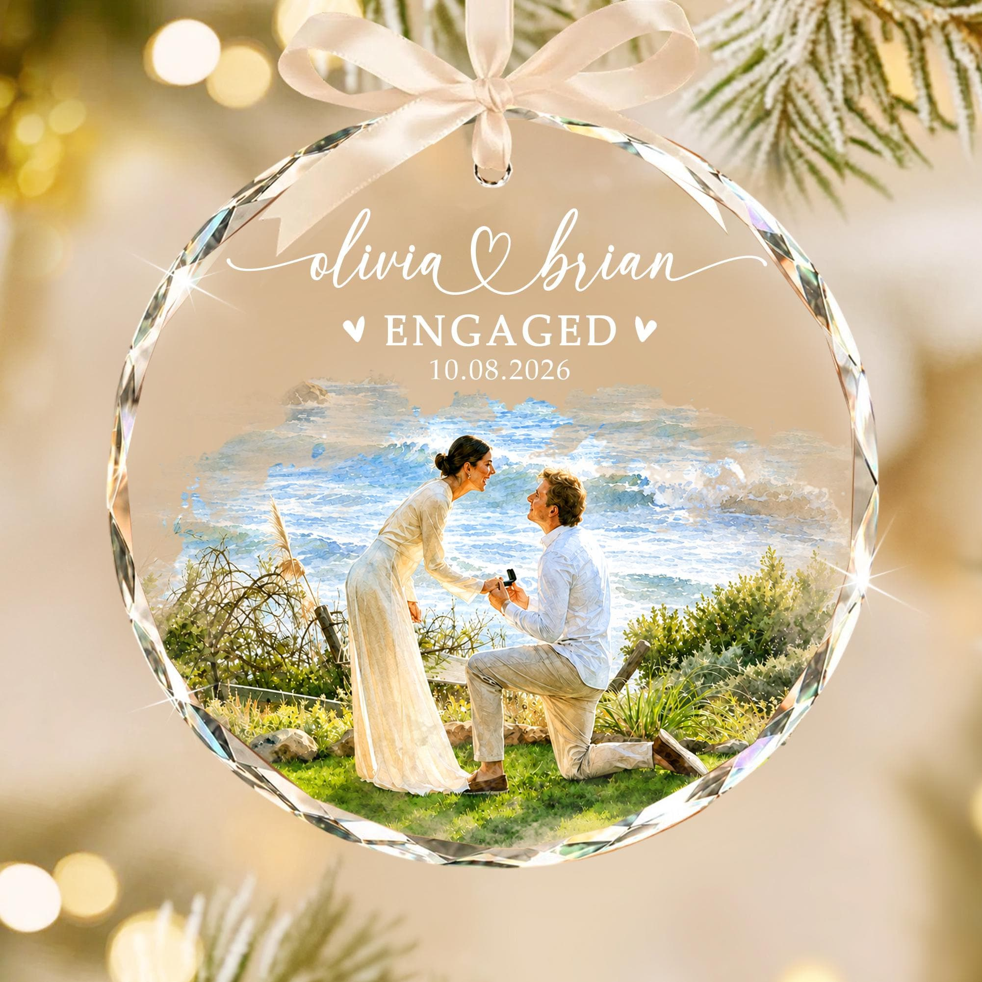 Custom Engagement Photo Ornament, Personalized Watercolor Couple Portrait, First Christmas Engaged Keepsake Gift Custom Engagement Photo Ornament, Personalized Watercolor Couple Portrait, First Christmas Engaged Keepsake Gift