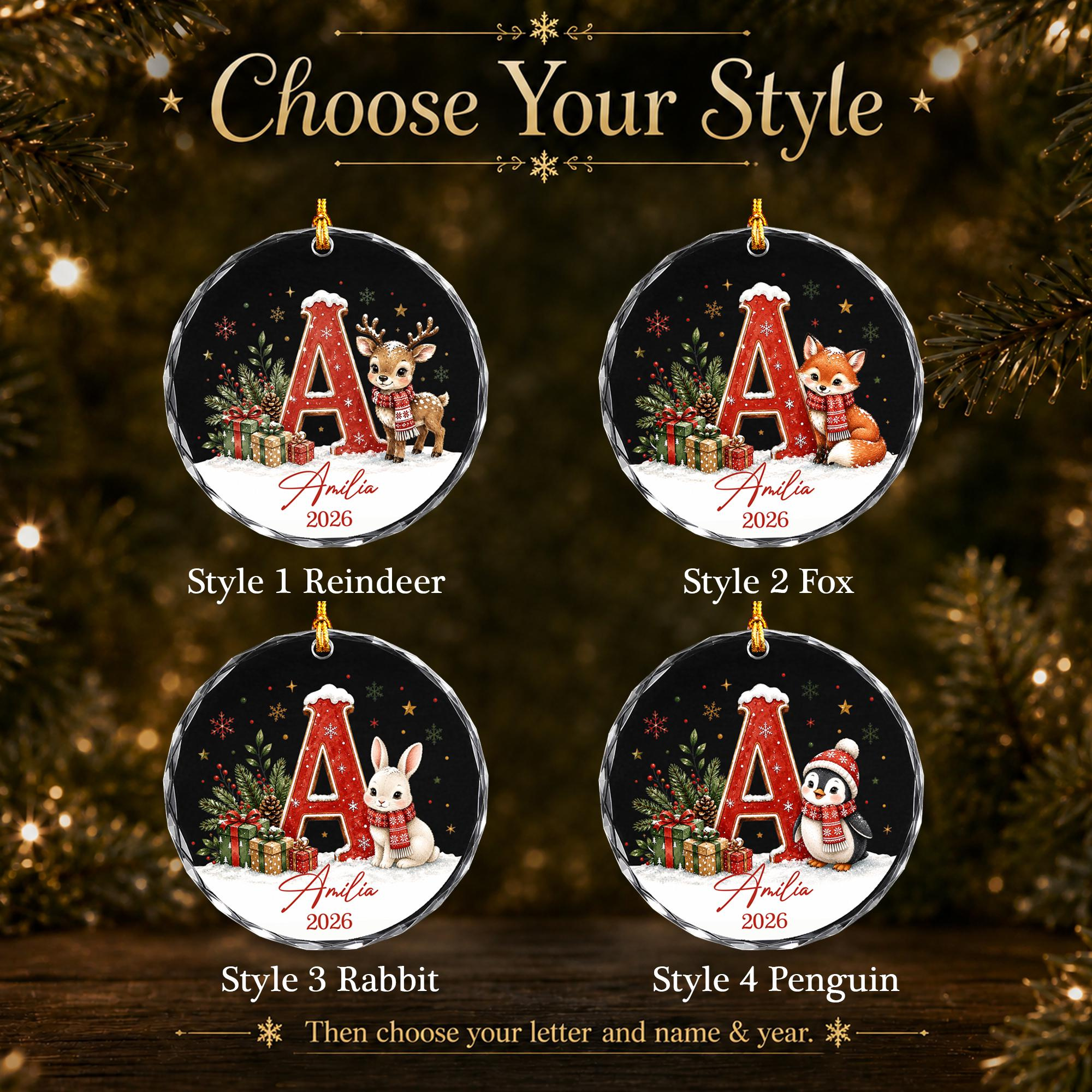 Personalized Glass Christmas Ornament with Initial, Name & Year – Woodland Animal Keepsake Gift 1 - MeasureMason Personalized Glass Christmas Ornament with Initial, Name & Year – Woodland Animal Keepsake Gift 1