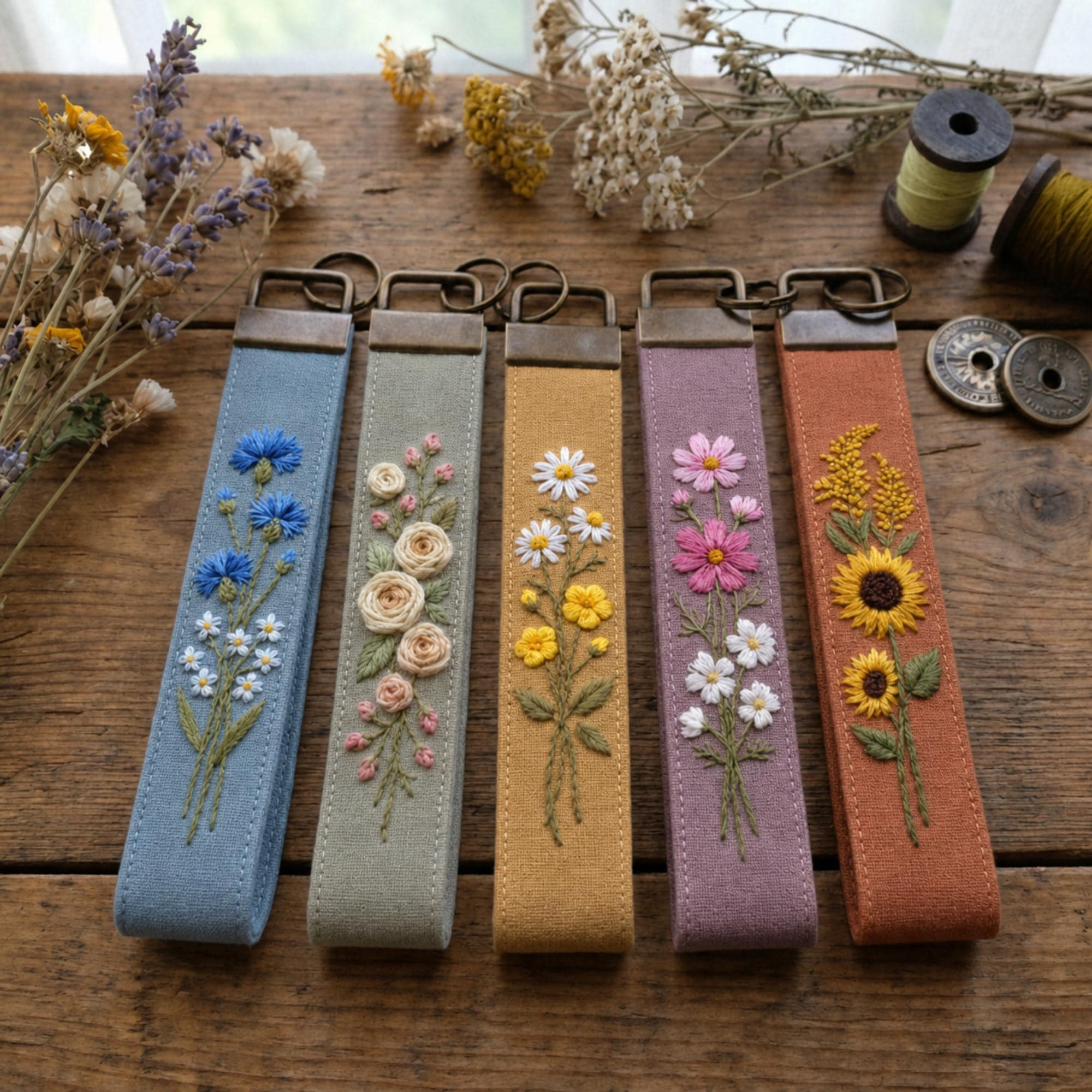 Personalized Embroidered Linen Keychain, Custom Name Wristlet Key Fob, Handmade Floral Bag Charm, Gift for Her