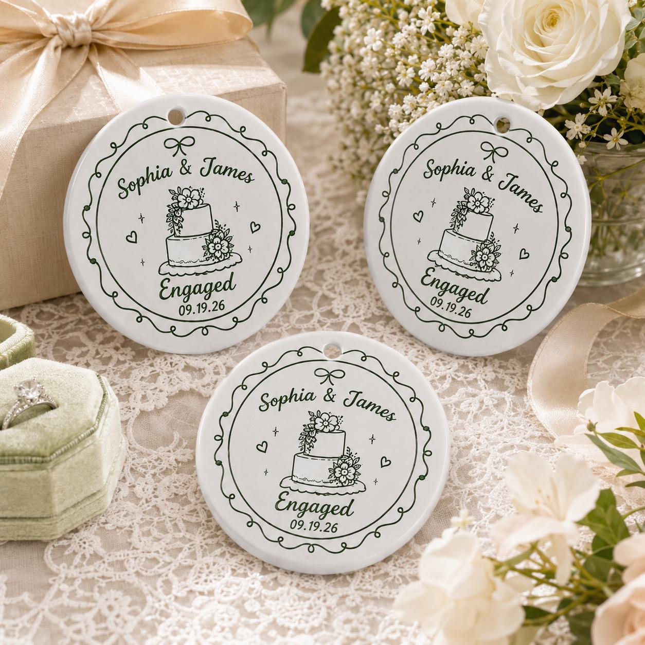 Personalized Ceramic Engagement Ornament, Custom 2-Sided Couples Ornament, Wedding Gift Bride Groom Keepsake