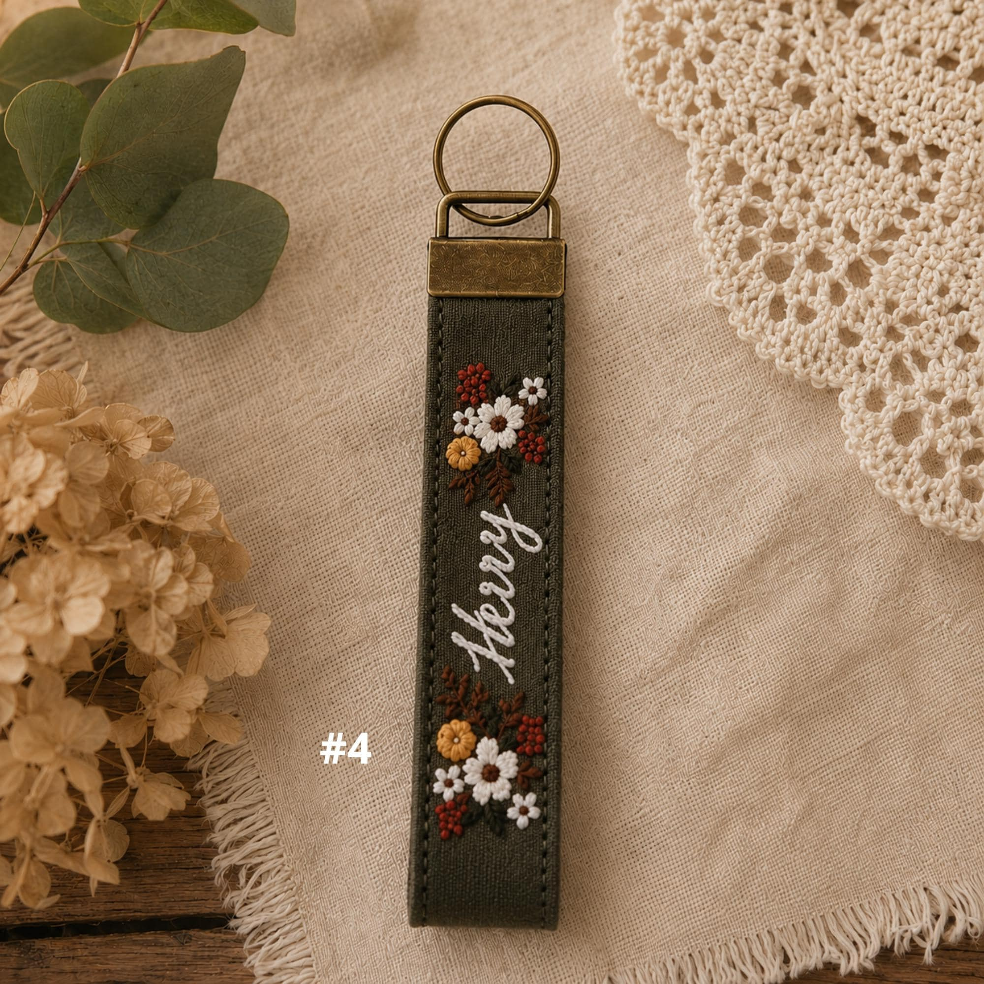 Personalized Embroidered Linen Keychain, Custom Name Wristlet Key Fob, Handmade Floral Bag Charm, Gift for Her 4 - MeasureMason Personalized Embroidered Linen Keychain, Custom Name Wristlet Key Fob, Handmade Floral Bag Charm, Gift for Her 4