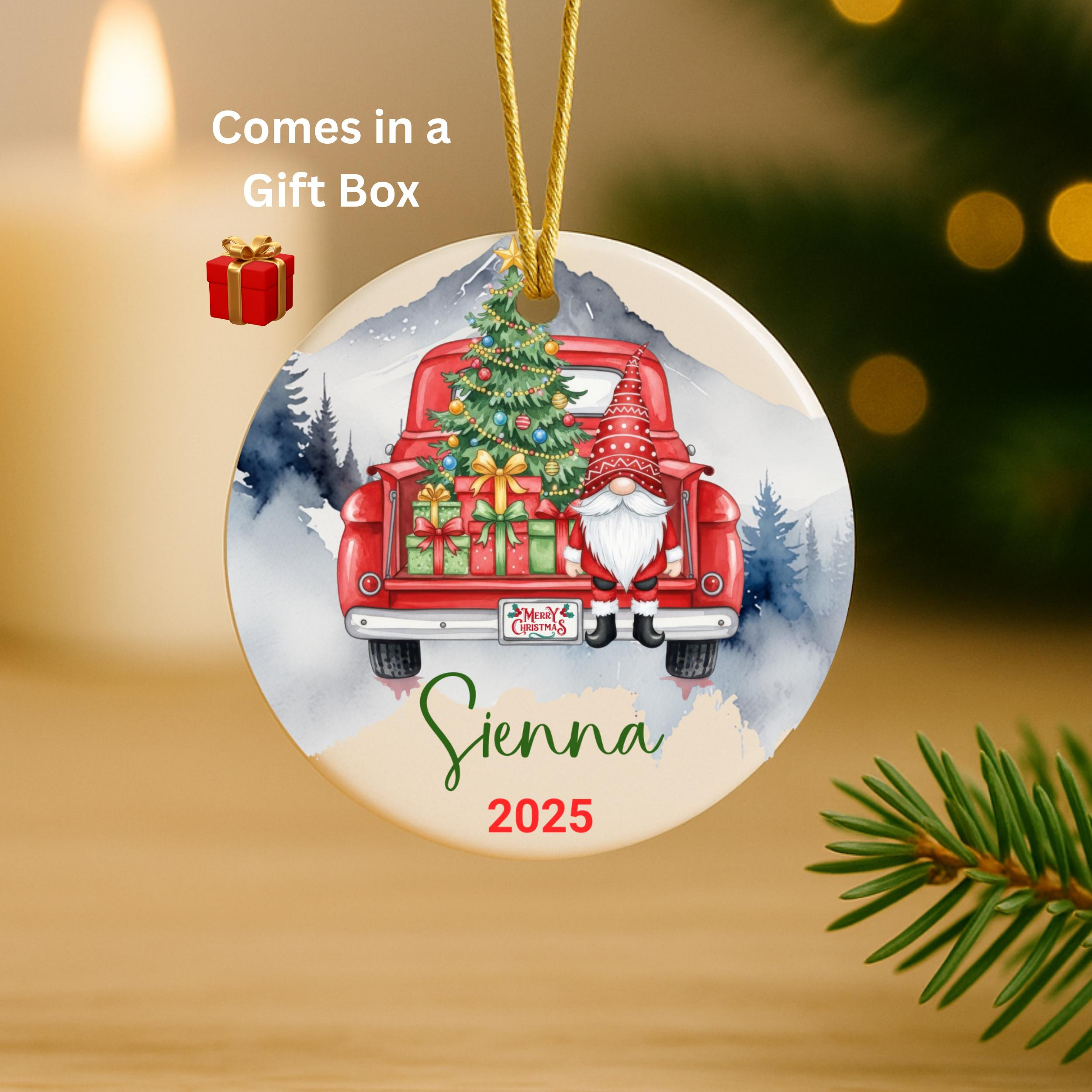 Personalized Christmas Ornament 2025 – Red Truck Gnome Ceramic Ornament with Gift Box – Custom Name Holiday Keepsake 1 - MeasureMason Personalized Christmas Ornament 2025 – Red Truck Gnome Ceramic Ornament with Gift Box – Custom Name Holiday Keepsake 1
