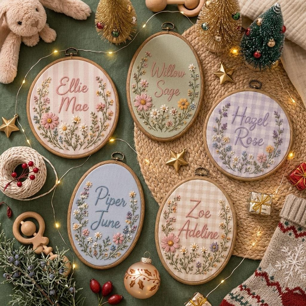 Personalized Floral Name Embroidery Hoop Ornament – Baby Girl Keepsake Christmas Decor