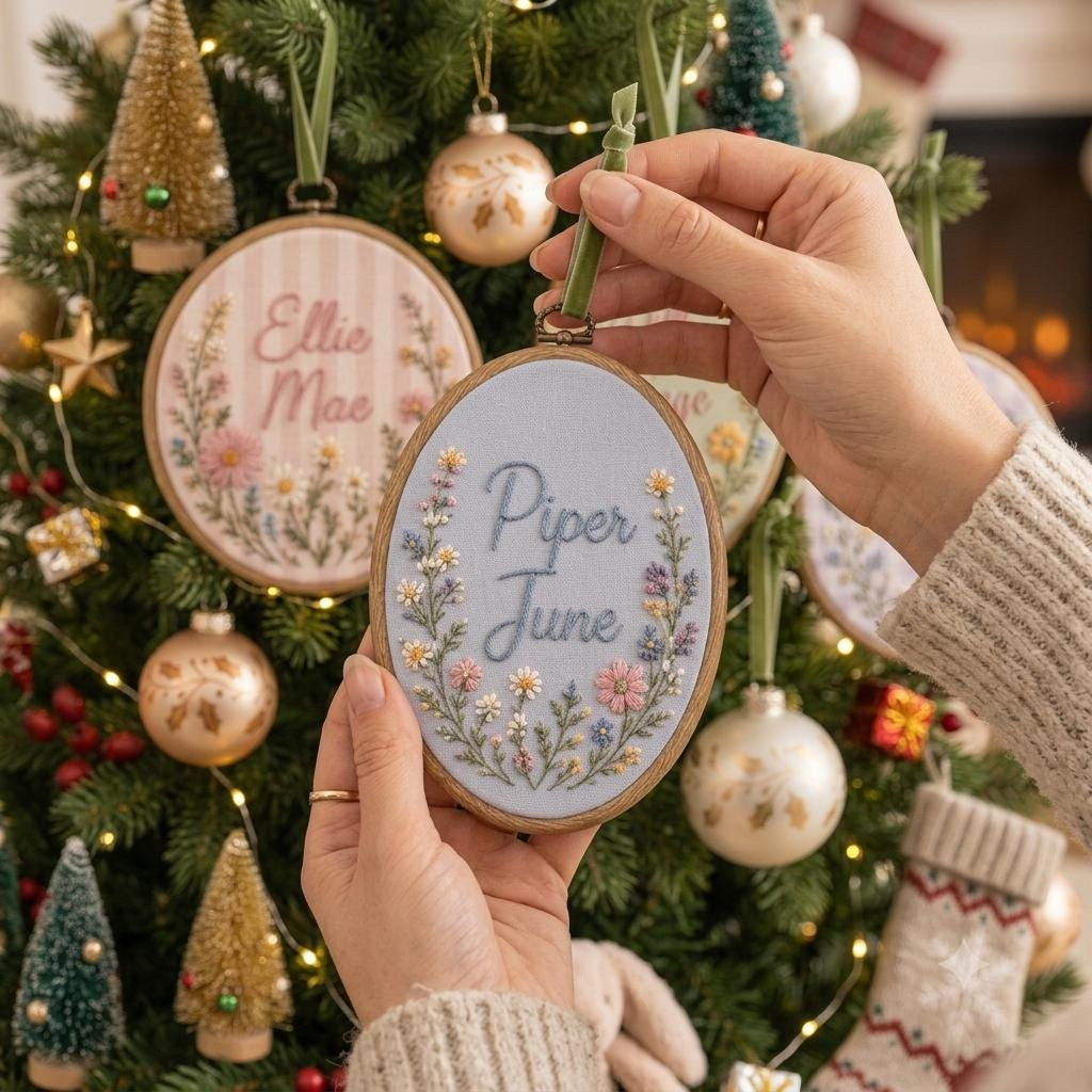 Personalized Floral Name Embroidery Hoop Ornament – Baby Girl Keepsake Christmas Decor 3 - MeasureMason Personalized Floral Name Embroidery Hoop Ornament – Baby Girl Keepsake Christmas Decor 3