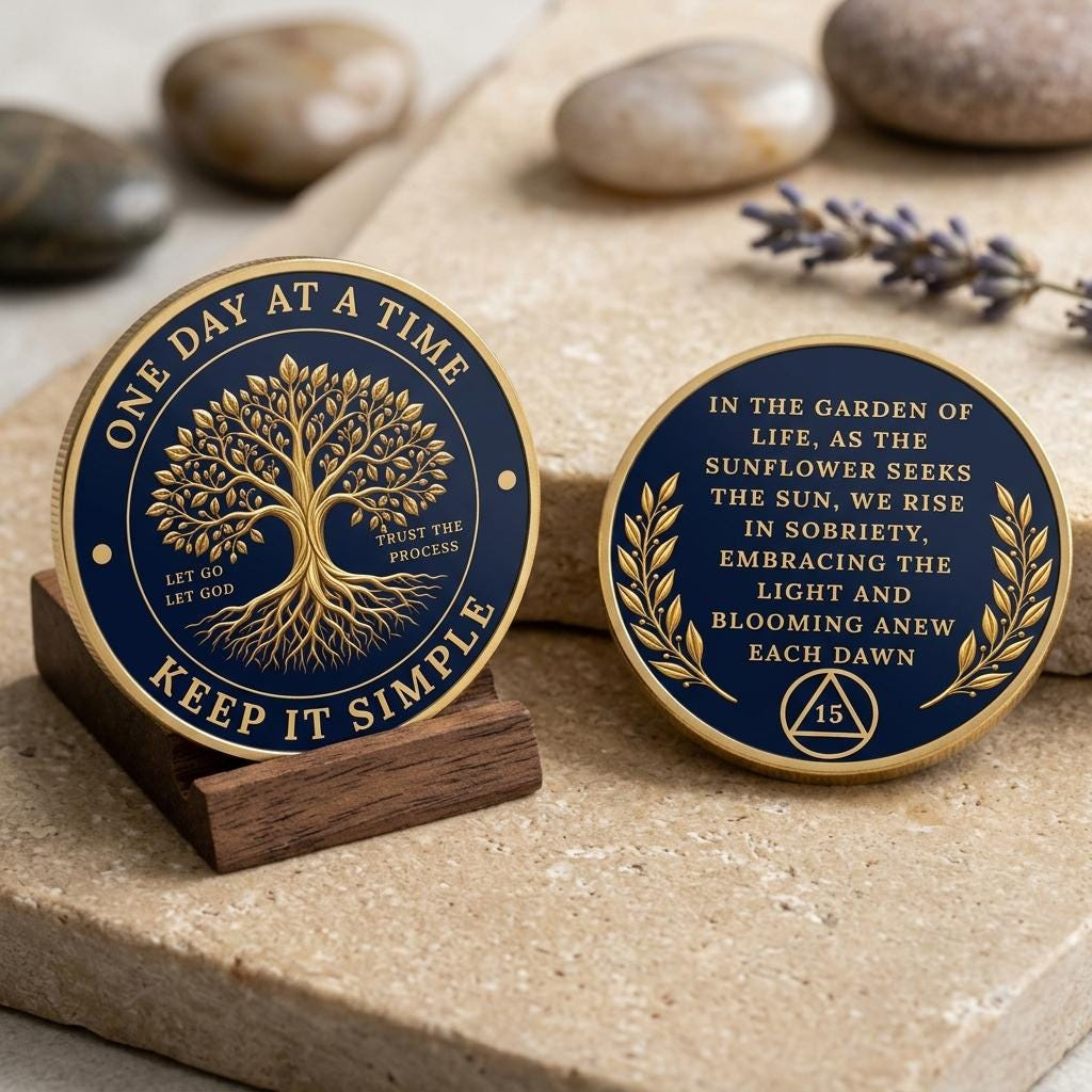 Personalized AA NA Chip, Lakeside Sunset Sobriety Coin, One Day At A Time Serenity Prayer Recovery Medallion 4 - MeasureMason Personalized AA NA Chip, Lakeside Sunset Sobriety Coin, One Day At A Time Serenity Prayer Recovery Medallion 4