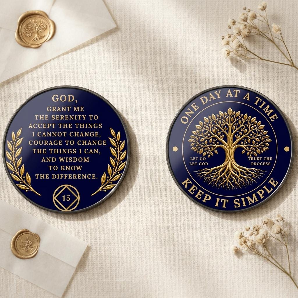Personalized AA NA Chip, Lakeside Sunset Sobriety Coin, One Day At A Time Serenity Prayer Recovery Medallion 1 - MeasureMason Personalized AA NA Chip, Lakeside Sunset Sobriety Coin, One Day At A Time Serenity Prayer Recovery Medallion 1