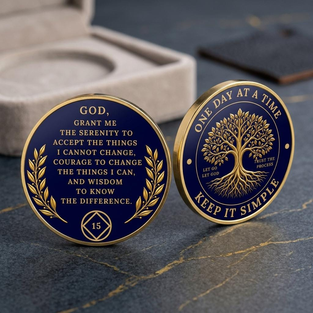 Personalized AA NA Chip, Lakeside Sunset Sobriety Coin, One Day At A Time Serenity Prayer Recovery Medallion 2 - MeasureMason Personalized AA NA Chip, Lakeside Sunset Sobriety Coin, One Day At A Time Serenity Prayer Recovery Medallion 2