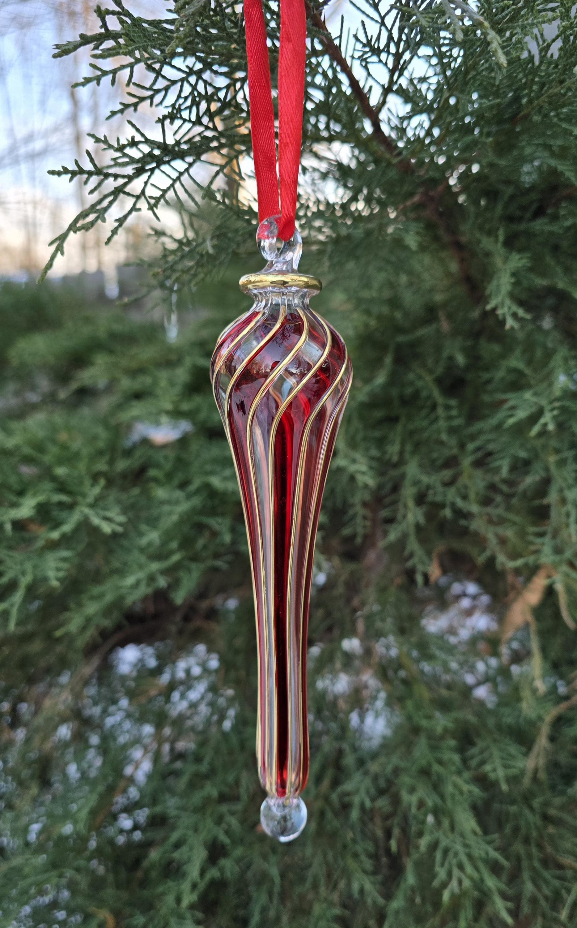 Egyptian Handmade Blown Glass Ornament, Long Drop Swirl with Gold Accent, 8 Inches, Christmas Decoration
