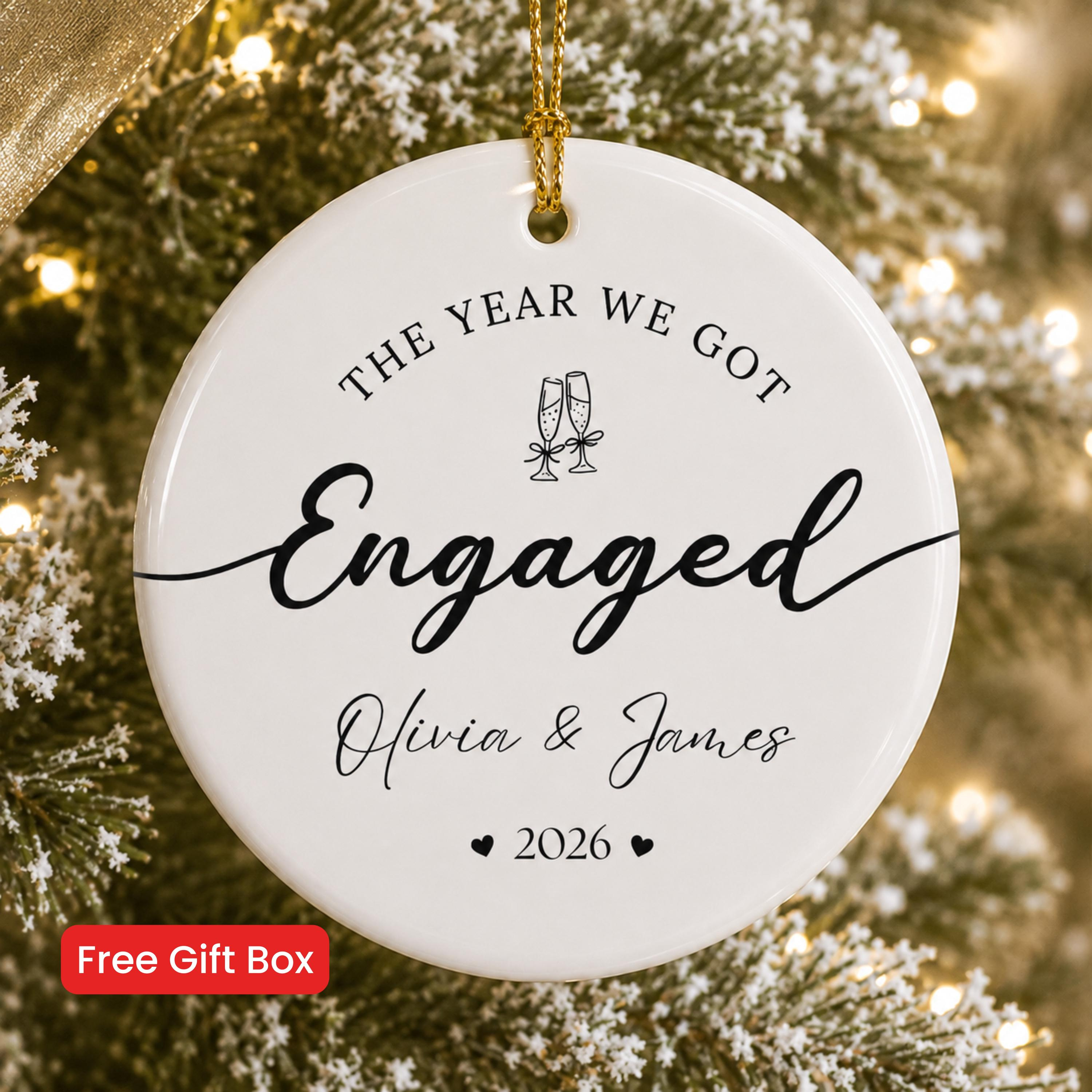 Personalized White Ceramic Christmas Ornament – Engagement Gift for Bride-to-Be, Custom Name & Year Keepsake