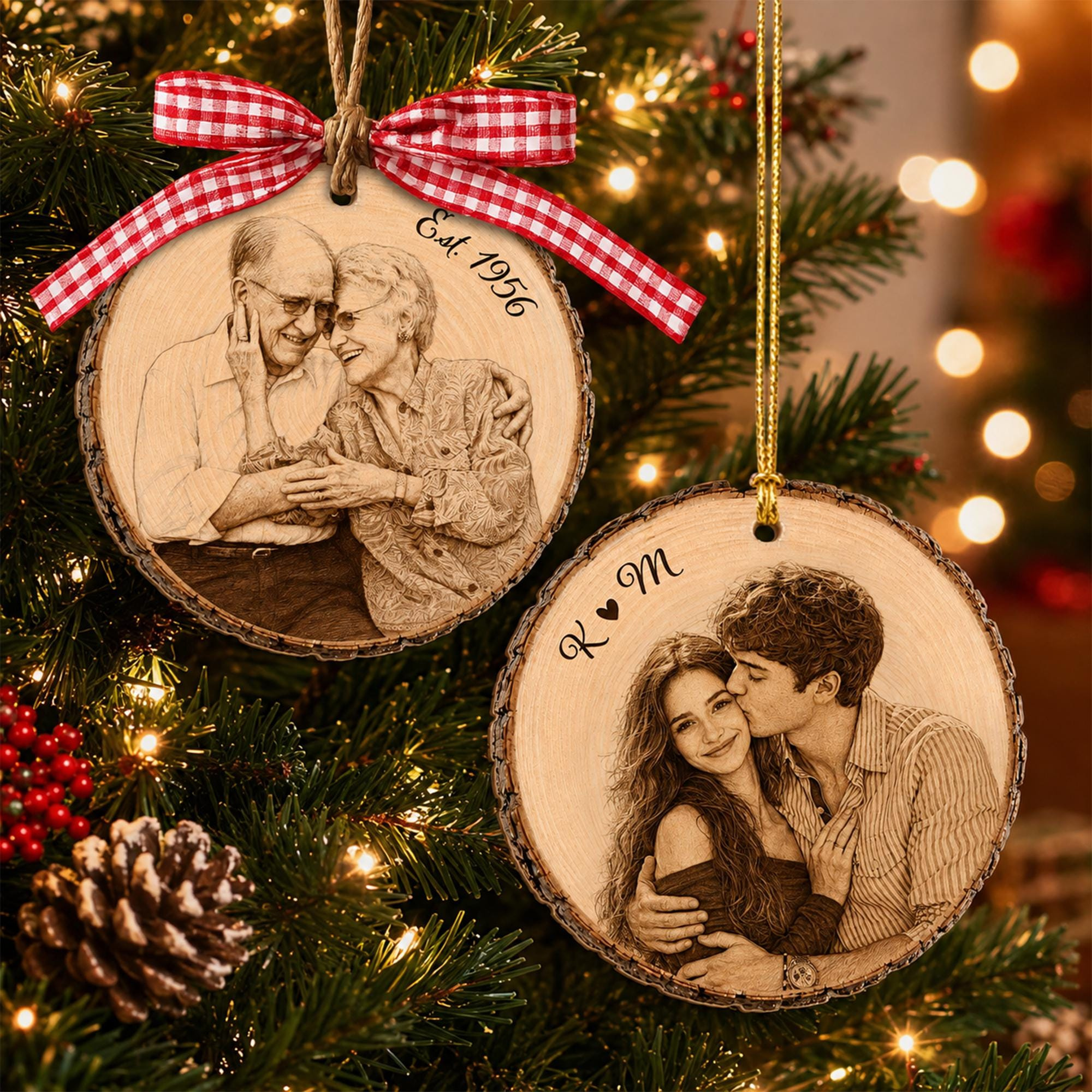 Personalized Couple Portrait Wooden Ornament, Custom Photo Engraved Rustic Keepsake, Family Christmas Gift, Grandparents