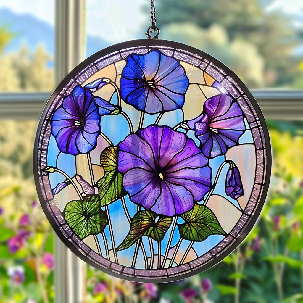 Morning Glory Stained Glass Suncatcher, Floral Window Hanging for Plant Lover Gift