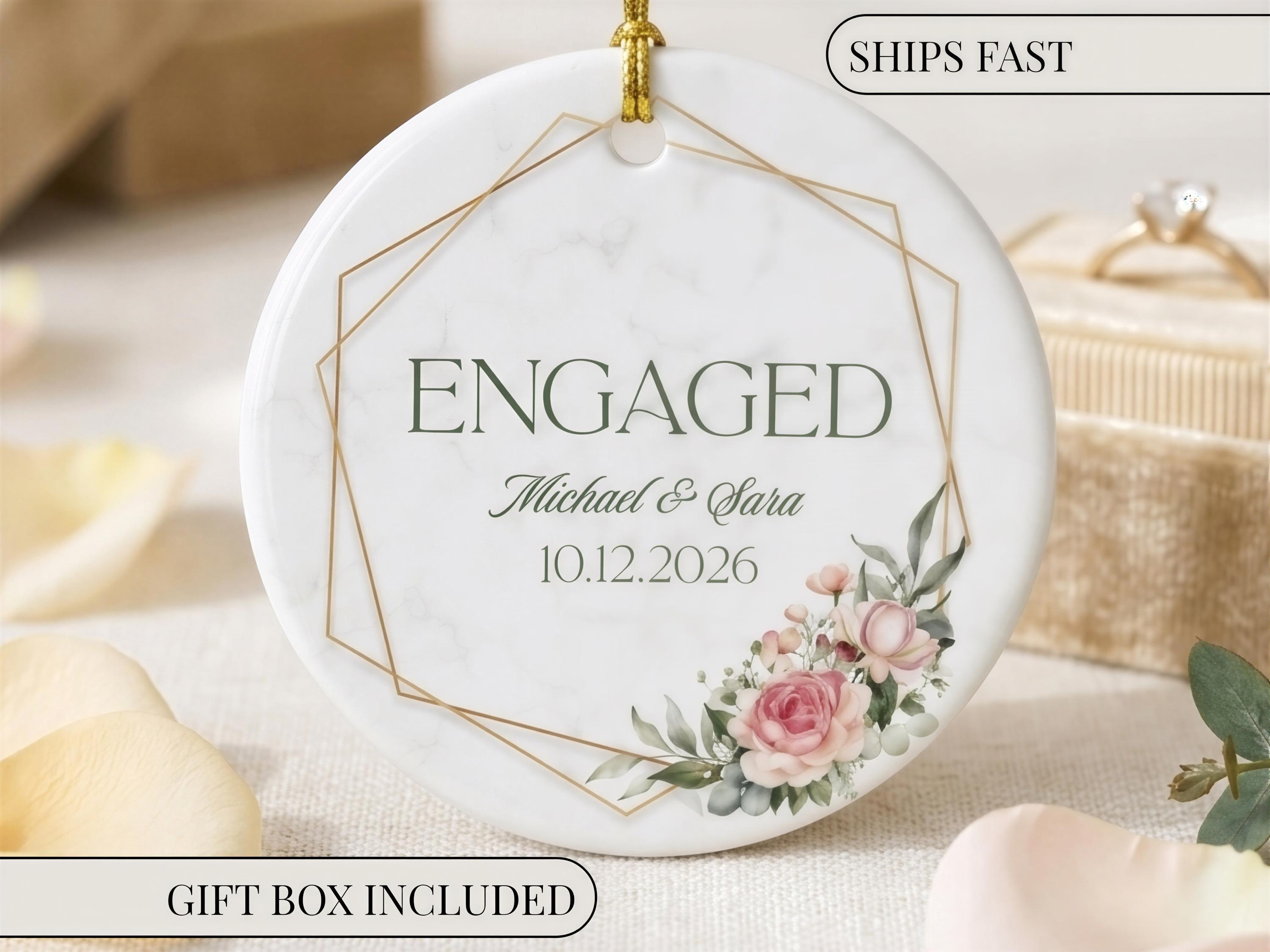 Personalized Engagement Ornament Ceramic Christmas Keepsake Couple Name Round Holiday Gift