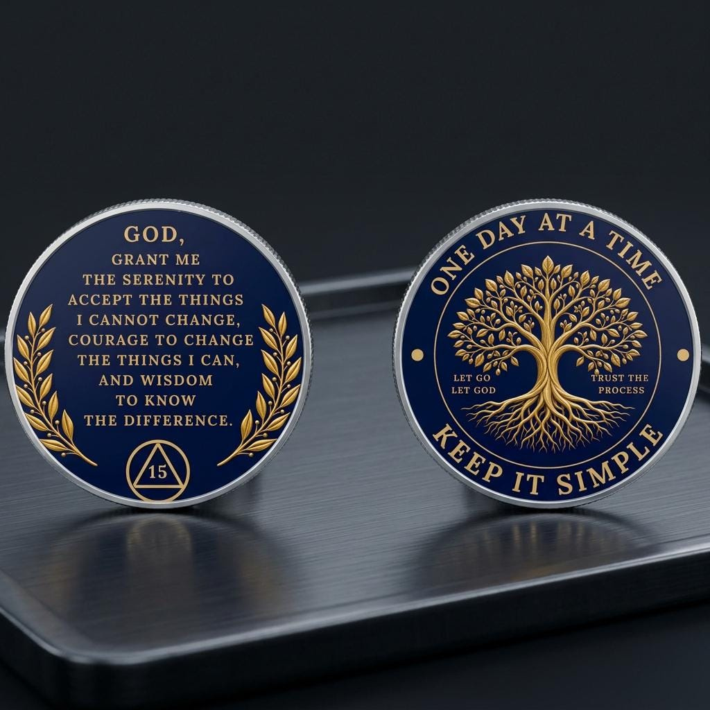 Personalized AA NA Chip, Lakeside Sunset Sobriety Coin, One Day At A Time Serenity Prayer Recovery Medallion 3 - MeasureMason Personalized AA NA Chip, Lakeside Sunset Sobriety Coin, One Day At A Time Serenity Prayer Recovery Medallion 3