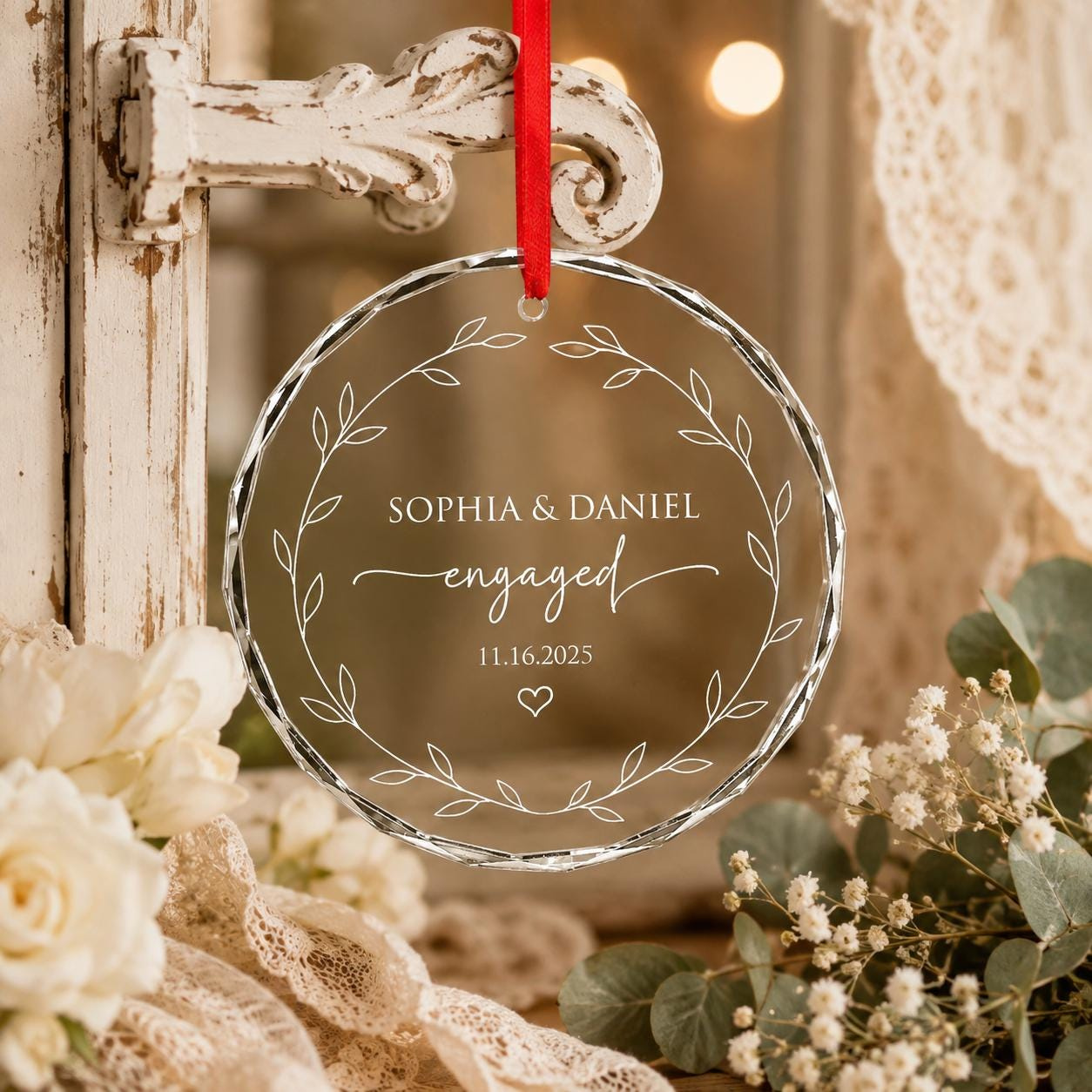 Personalized Engagement Crystal Ornament Couple Names Date Floral Wedding Keepsake Glass Christmas Tree Decor Gift