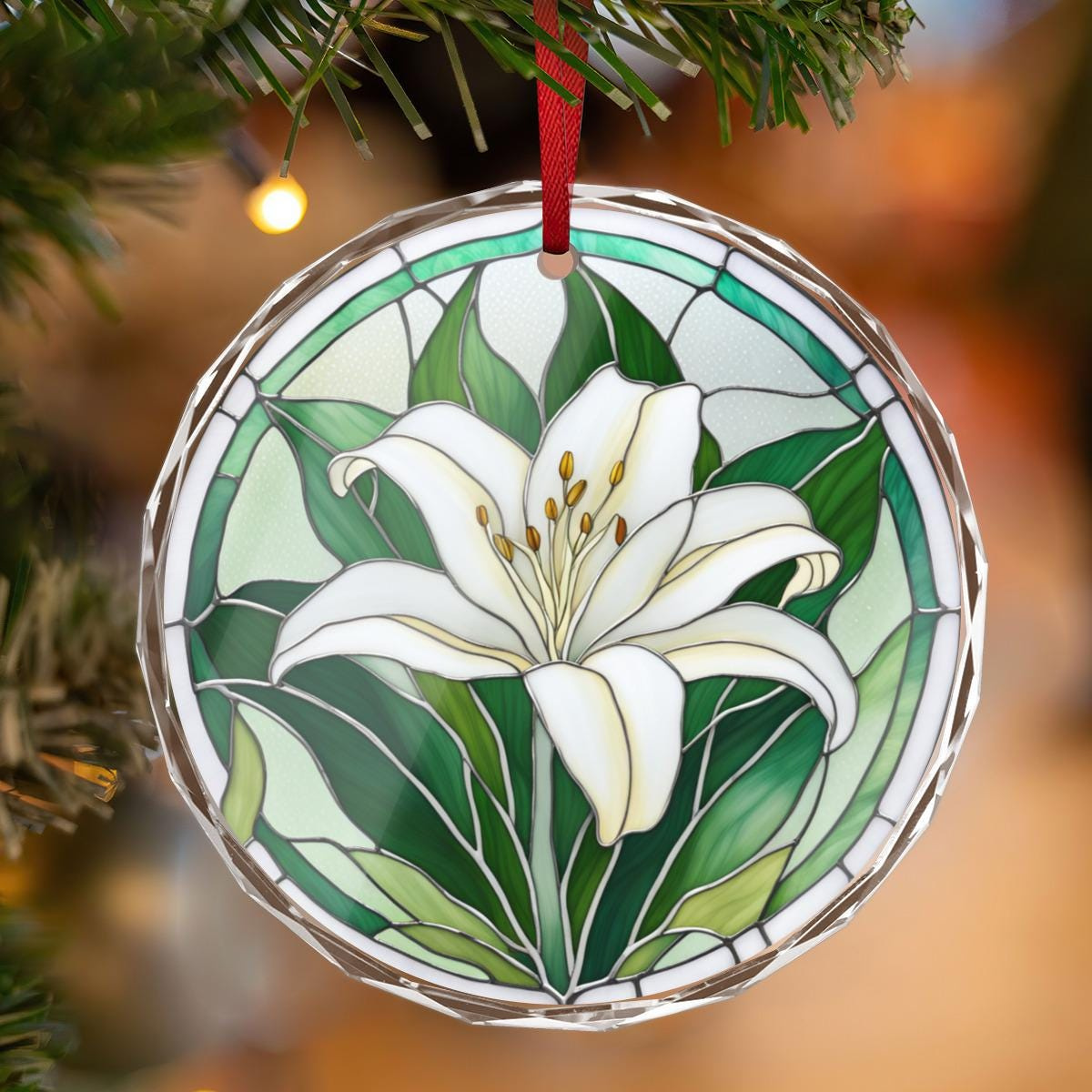 Lily Flower White Floral Crystal Glass Flat Round Ornament Stained Glass Style Christmas Tree Decor Gift for Mom Grandma 3 - MeasureMason Lily Flower White Floral Crystal Glass Flat Round Ornament Stained Glass Style Christmas Tree Decor Gift for Mom Grandma 3