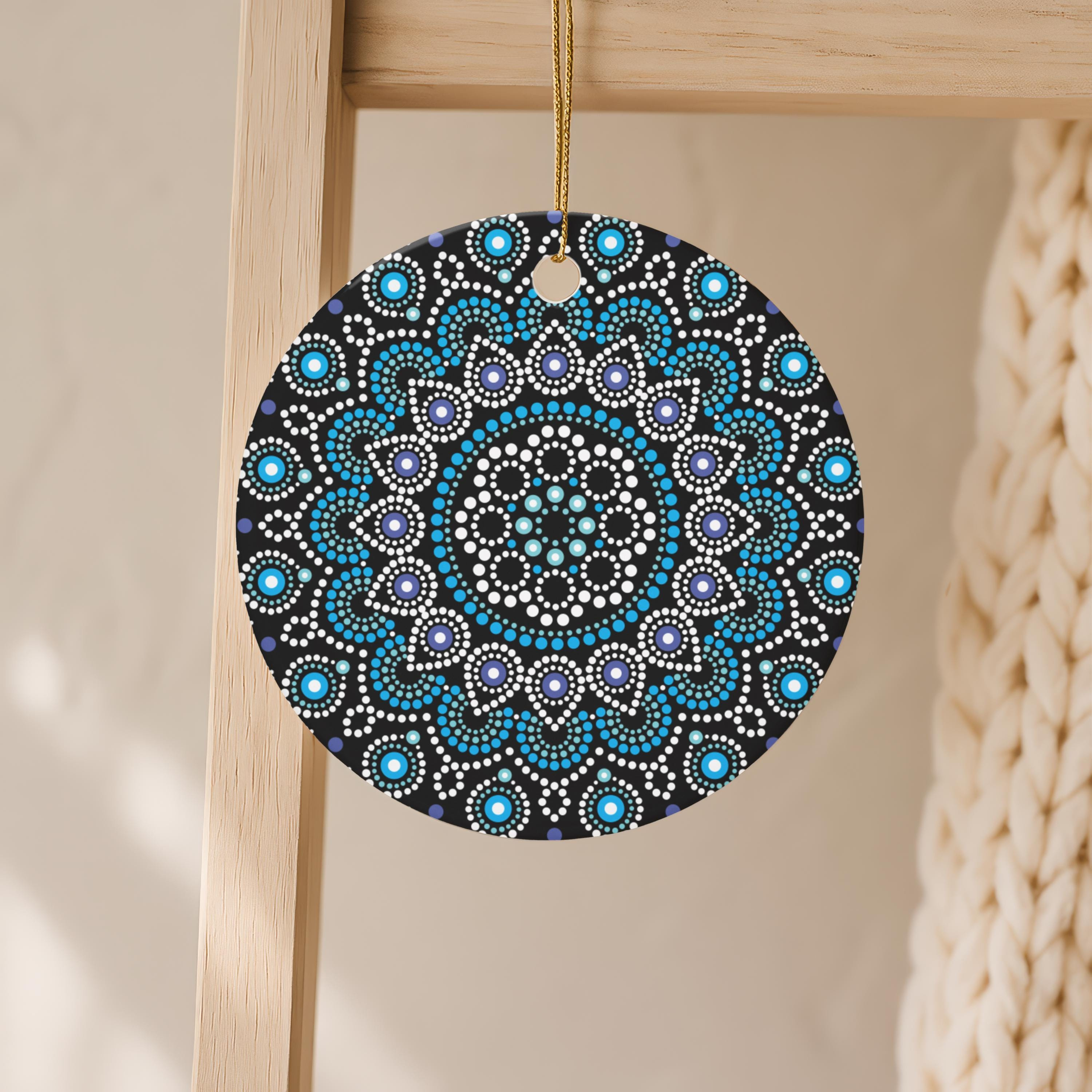 Boho Ceramic Dot Work Christmas Ornament - Blue Mandala Holiday Tree Hanging Decor - Bohemian Festive Winter