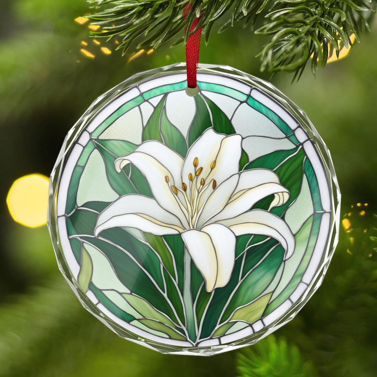 Lily Flower White Floral Crystal Glass Flat Round Ornament Stained Glass Style Christmas Tree Decor Gift for Mom Grandma