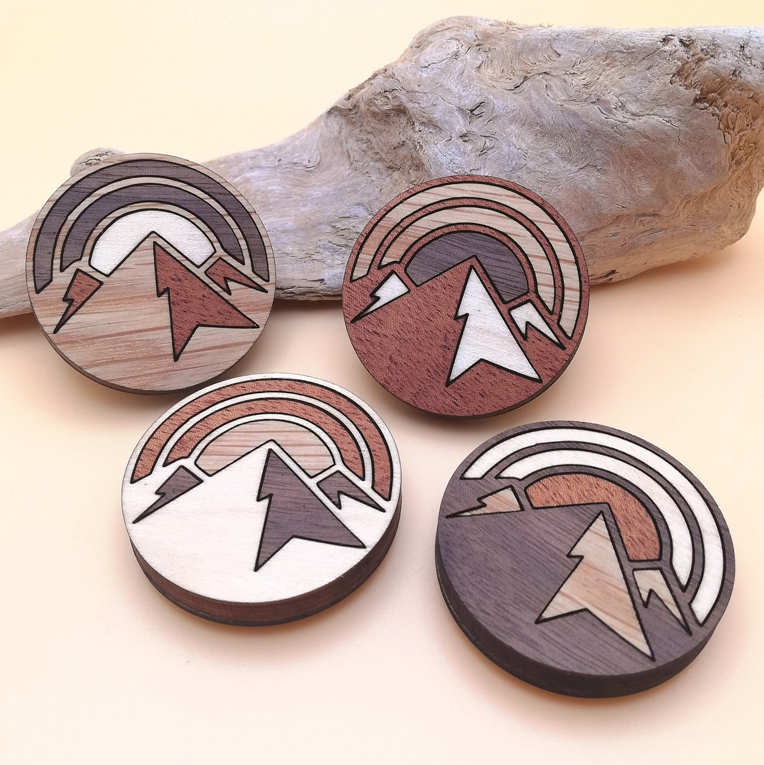 Mountain Sunset Wood Inlay Fridge Magnets, Set of 4 - Rustic Cabin Nature Lovers Gift Mountain Sunset Wood Inlay Fridge Magnets, Set of 4 - Rustic Cabin Nature Lovers Gift