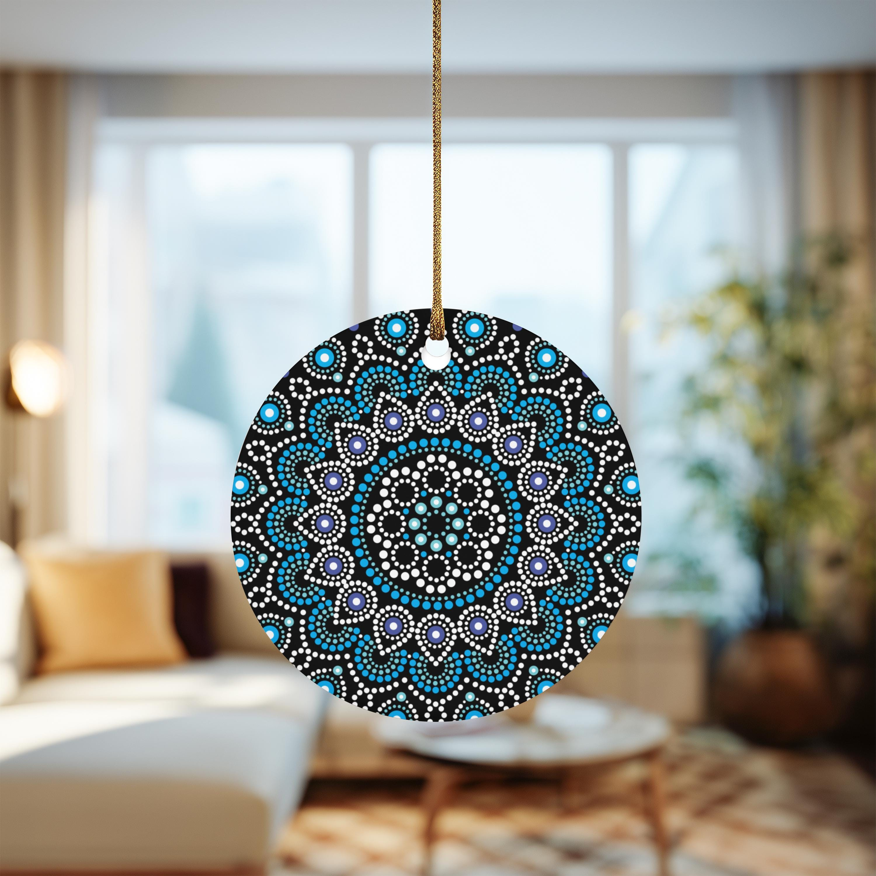 Boho Ceramic Dot Work Christmas Ornament - Blue Mandala Holiday Tree Hanging Decor - Bohemian Festive Winter 1