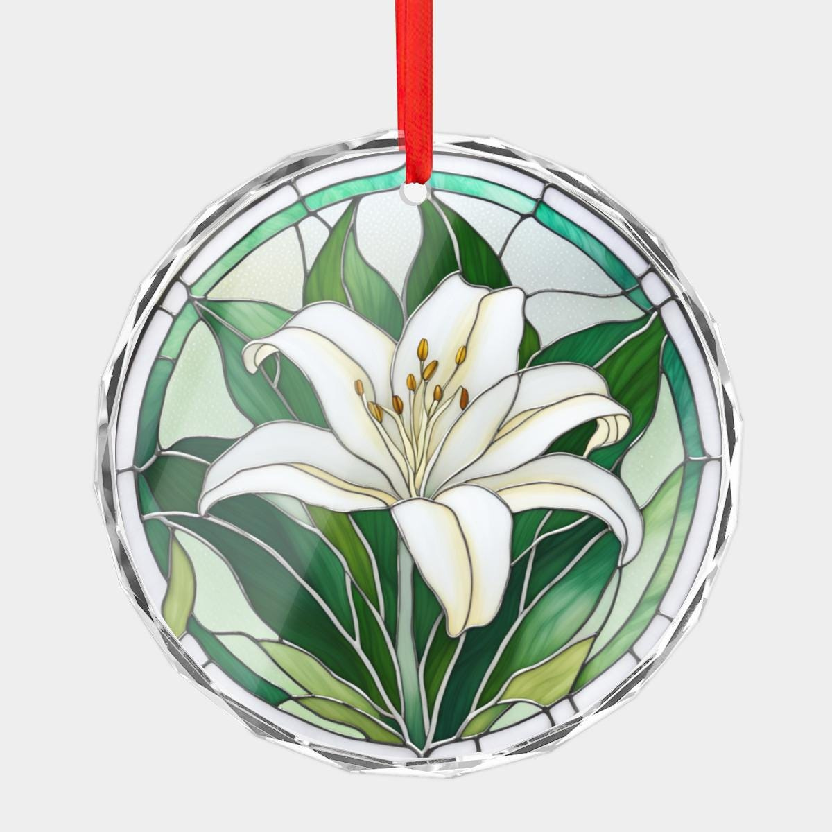 Lily Flower White Floral Crystal Glass Flat Round Ornament Stained Glass Style Christmas Tree Decor Gift for Mom Grandma 4 - MeasureMason Lily Flower White Floral Crystal Glass Flat Round Ornament Stained Glass Style Christmas Tree Decor Gift for Mom Grandma 4