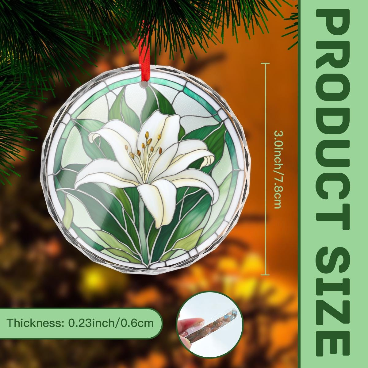 Lily Flower White Floral Crystal Glass Flat Round Ornament Stained Glass Style Christmas Tree Decor Gift for Mom Grandma 1 - MeasureMason Lily Flower White Floral Crystal Glass Flat Round Ornament Stained Glass Style Christmas Tree Decor Gift for Mom Grandma 1