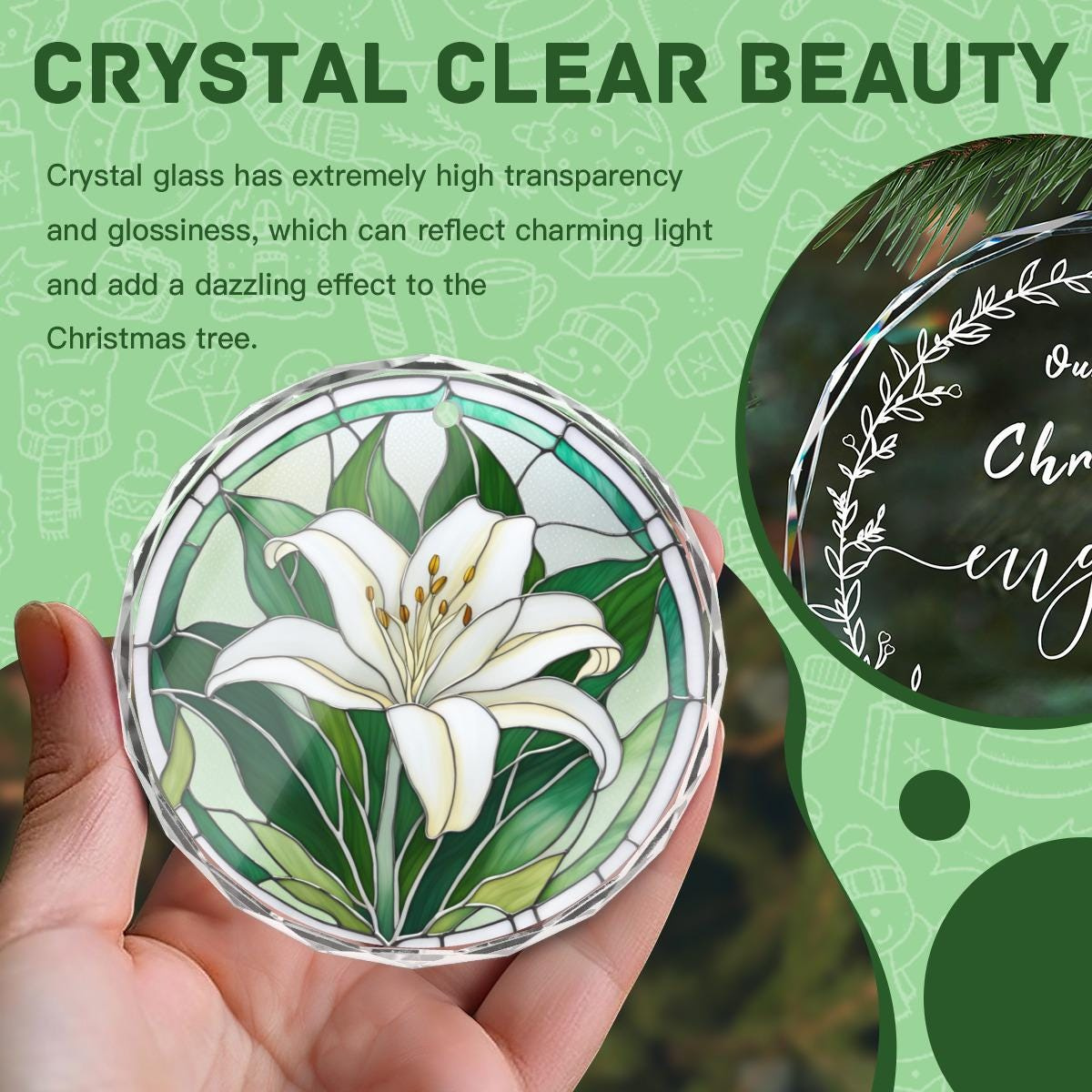 Lily Flower White Floral Crystal Glass Flat Round Ornament Stained Glass Style Christmas Tree Decor Gift for Mom Grandma 2 - MeasureMason Lily Flower White Floral Crystal Glass Flat Round Ornament Stained Glass Style Christmas Tree Decor Gift for Mom Grandma 2