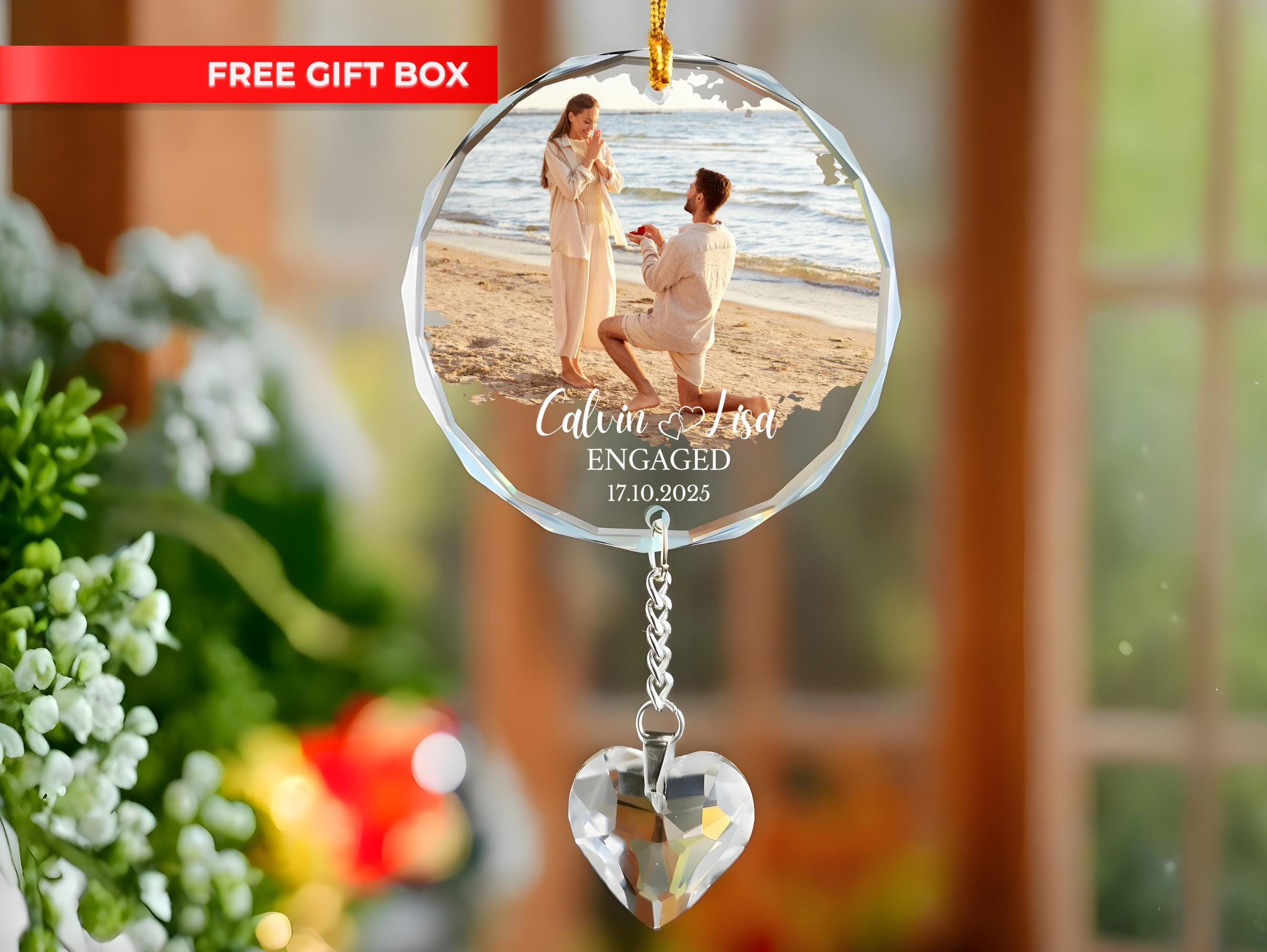 Personalized Engagement Glass Ornament, Custom Photo Sun Catcher Crystal Charm, Engaged 2025 Christmas Couples Gift Personalized Engagement Glass Ornament, Custom Photo Sun Catcher Crystal Charm, Engaged 2025 Christmas Couples Gift