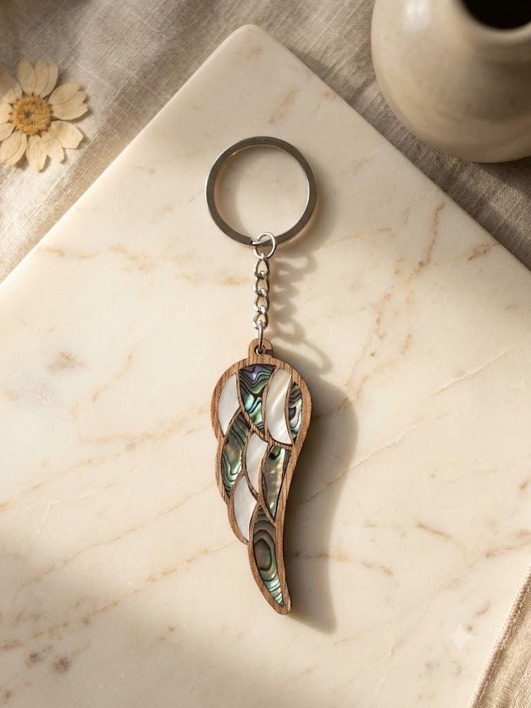 Damascus Steel Keychain with Wood Angel Wing Charm on Silver-Tone Ring