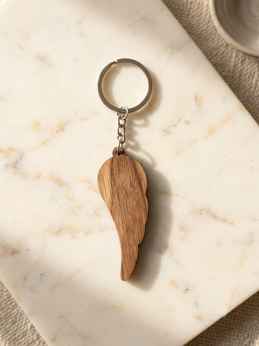 Damascus Steel Keychain with Wood Angel Wing Charm on Silver-Tone Ring 1 - MeasureMason Damascus Steel Keychain with Wood Angel Wing Charm on Silver-Tone Ring 1
