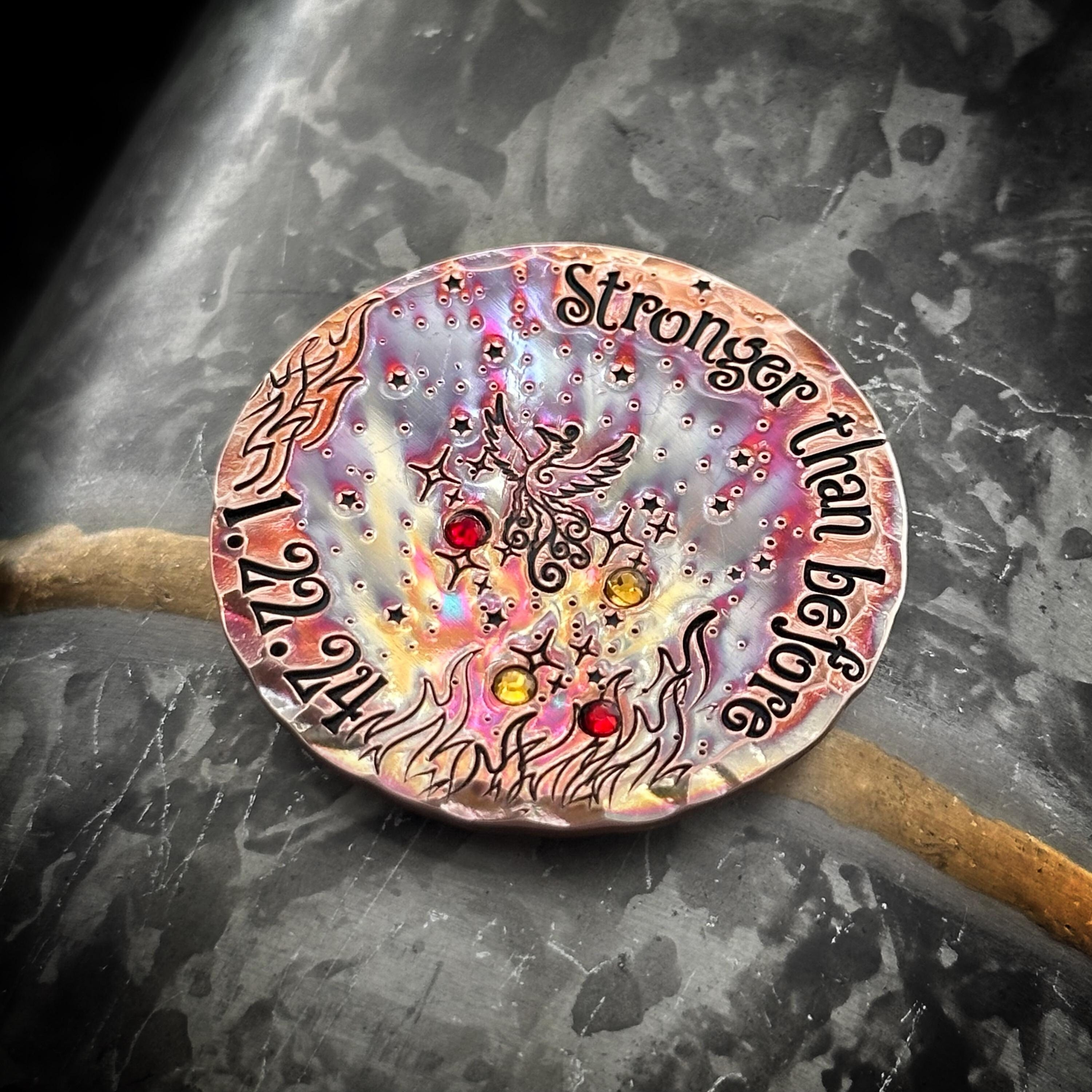 Personalized Recovery Coin - Handmade Bronze Sobriety Token with Custom Date & Inlaid Crystals