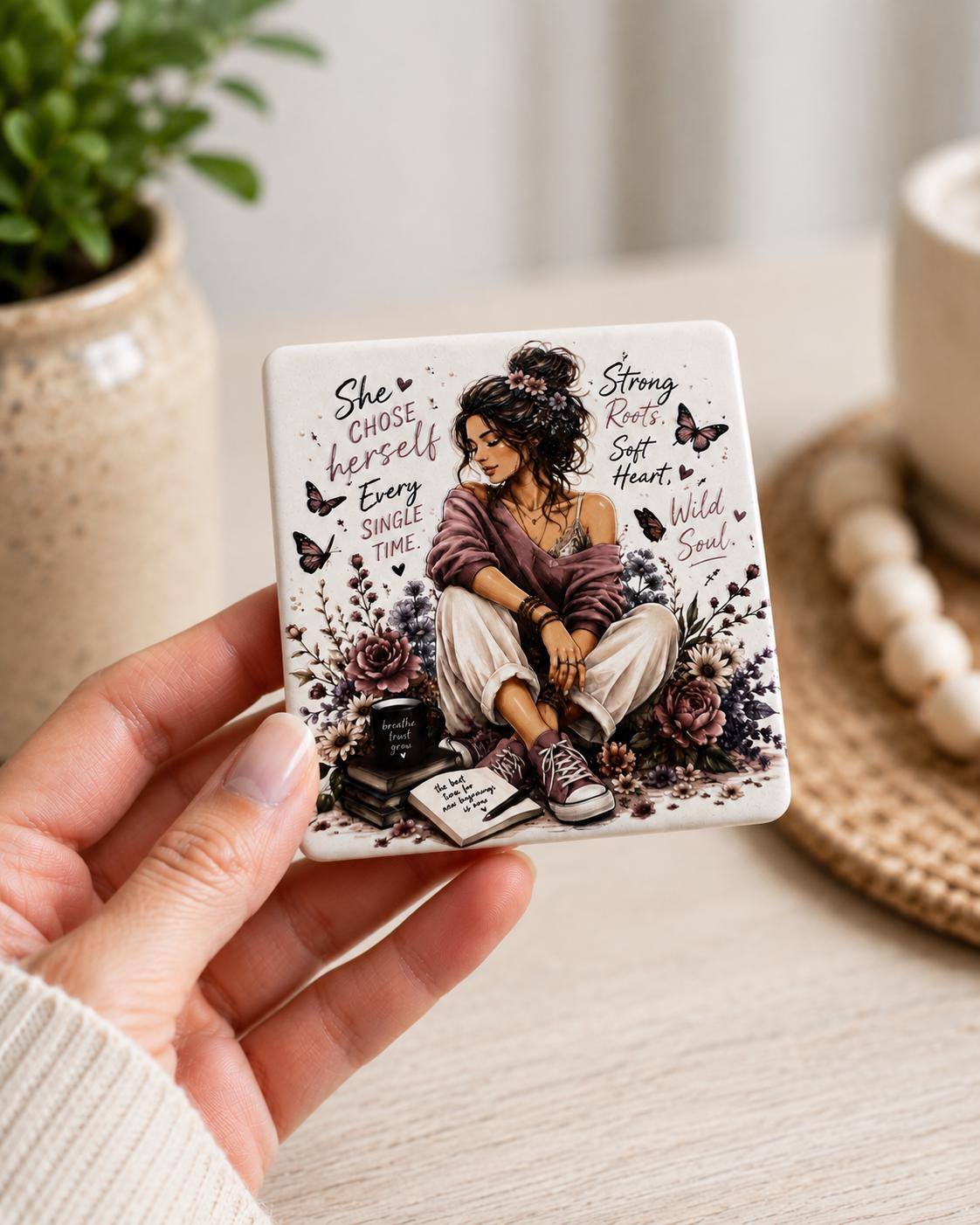 Boho Ceramic Fridge Magnet – Inspirational “She Chose Herself” Keepsake, Handmade in California Boho Ceramic Fridge Magnet – Inspirational “She Chose Herself” Keepsake, Handmade in California