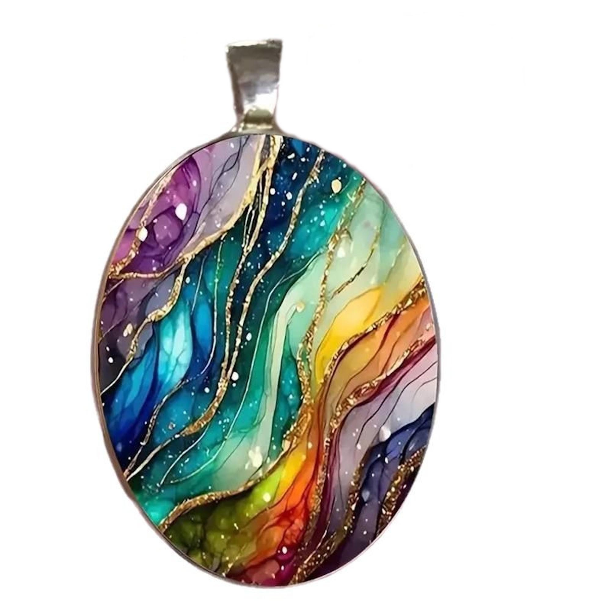 Extra Large Oval Multi Color Glass Pendant Necklace with Free Chain, Boho Rainbow Statement